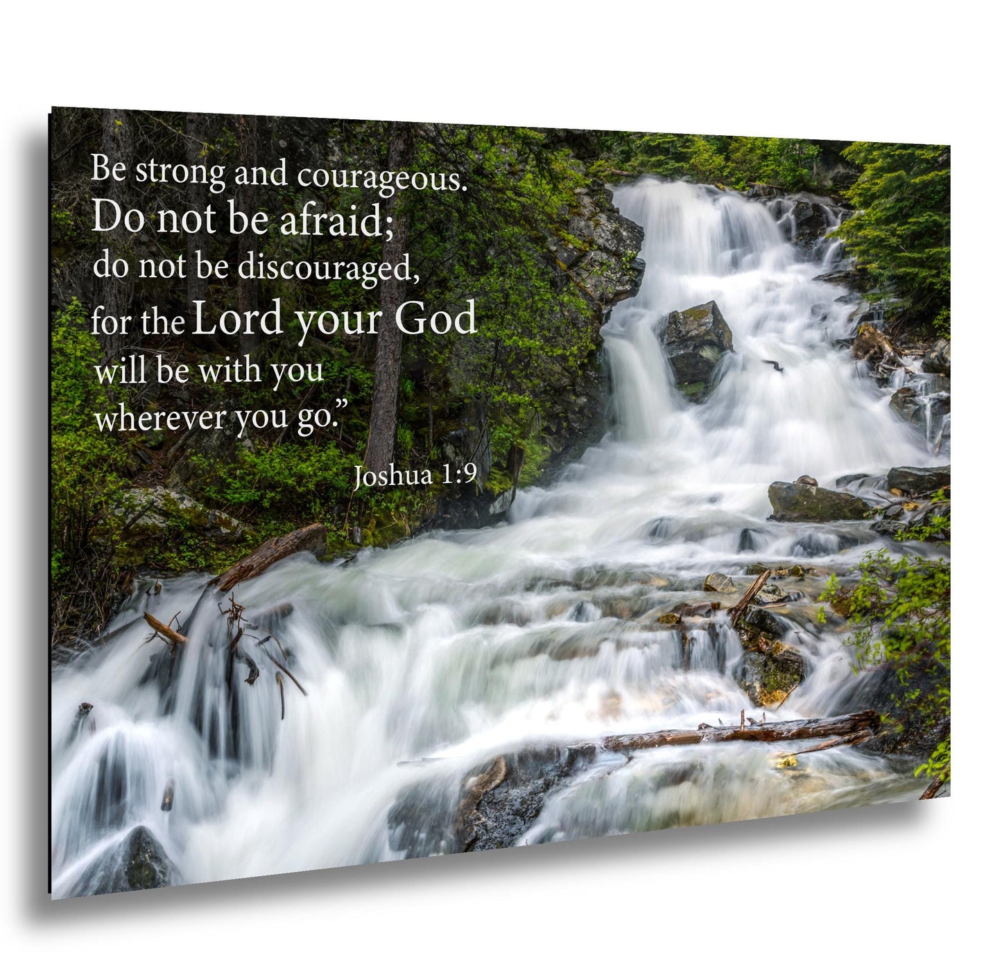 Joshua 1:9 Be Strong and Courageous, Waterfall Photography Print, Christian Scripture Wall Decor for Home or Office