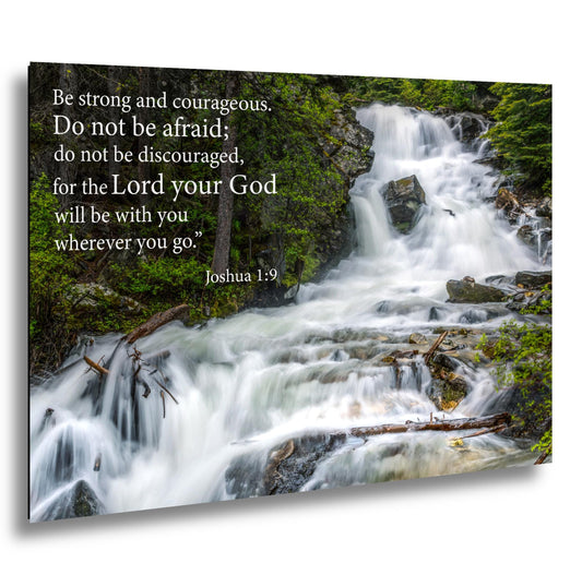 Joshua 1:9 Be Strong and Courageous, Waterfall Photography Print, Christian Scripture Wall Decor for Home or Office