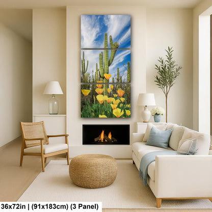 Mexican Gold Poppies Beneath Saguaros - Catalina State Park Tucson Arizona Photography Print