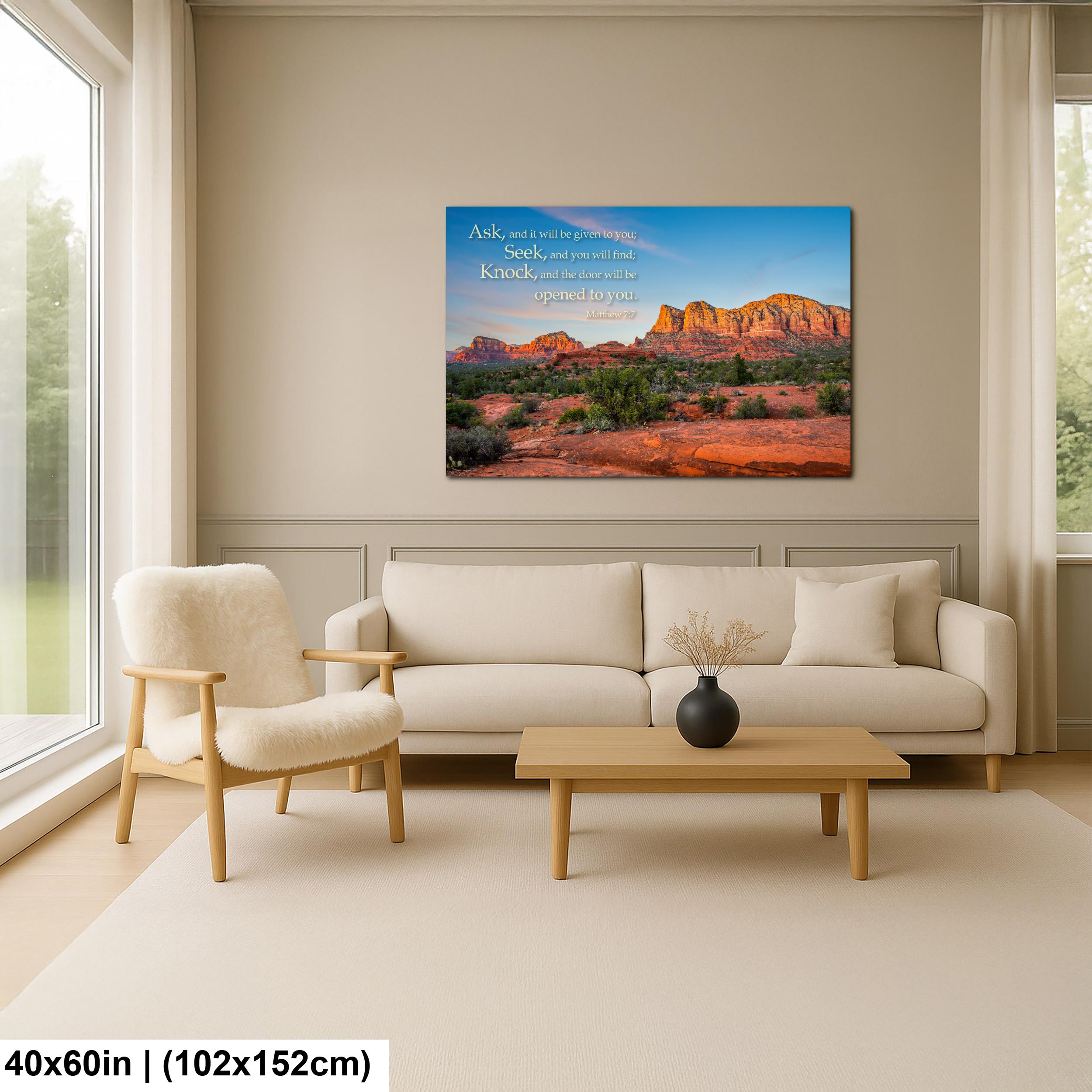 Matthew 7:7 Inspirational Bible Verse Wall Art for Faith and Perseverance, Sedona Red Rock Landscape Photography Wall Art