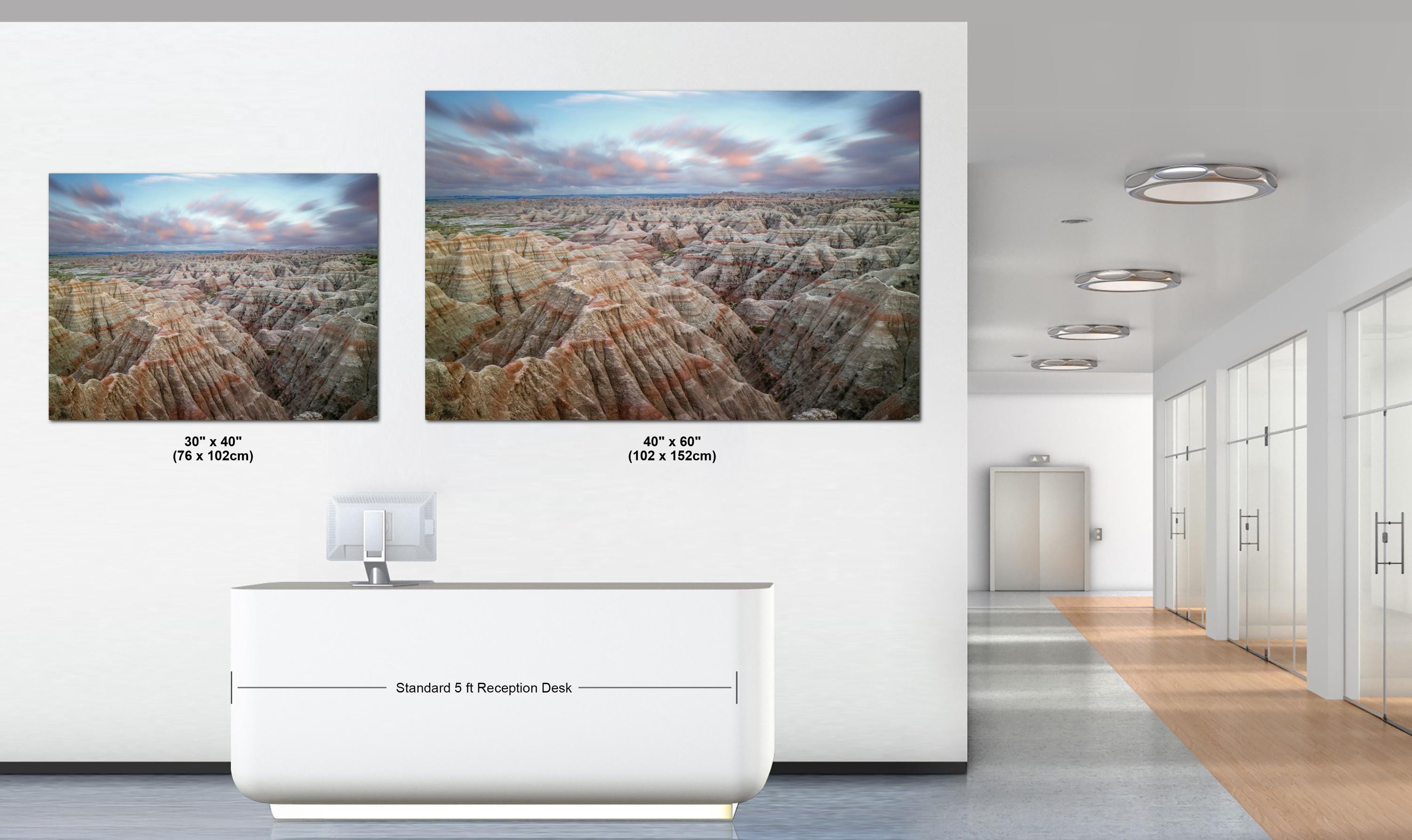 Two large wall-mounted displays showing landscape images in an office setting.