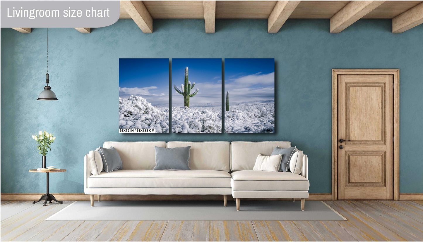 Saguaro Cactus Wall Art – Snowy Desert Scene | Southwest Art Print Decor