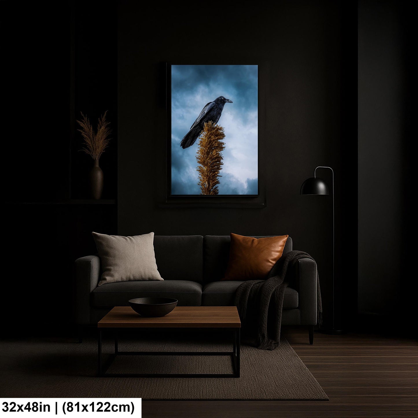 Raven Perched on Golden Agave Stalk - Dramatic Bird Wildlife Photography Print