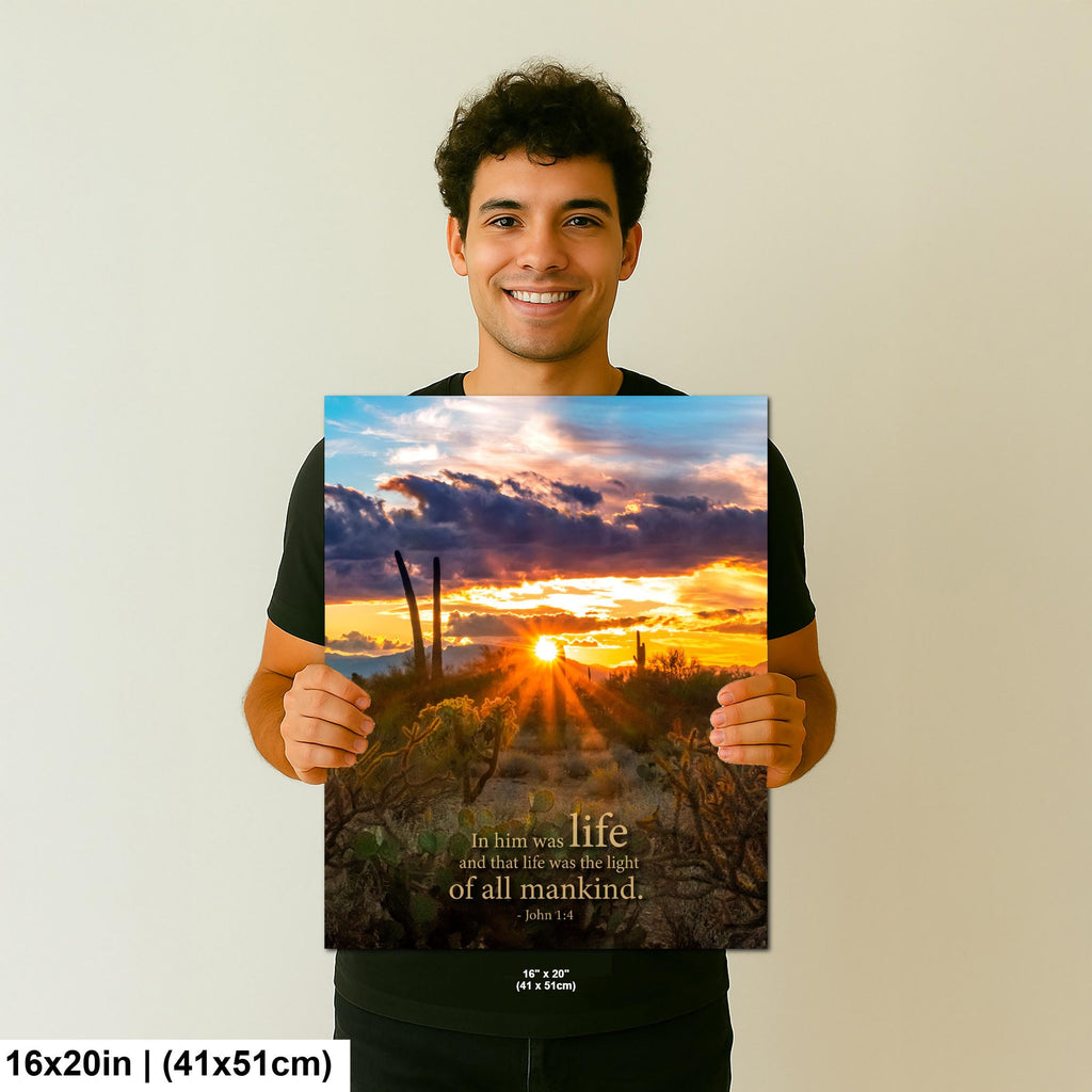 Christian Wall Art - John 1:4 Scripture Print | Arizona Desert Sunset Decor