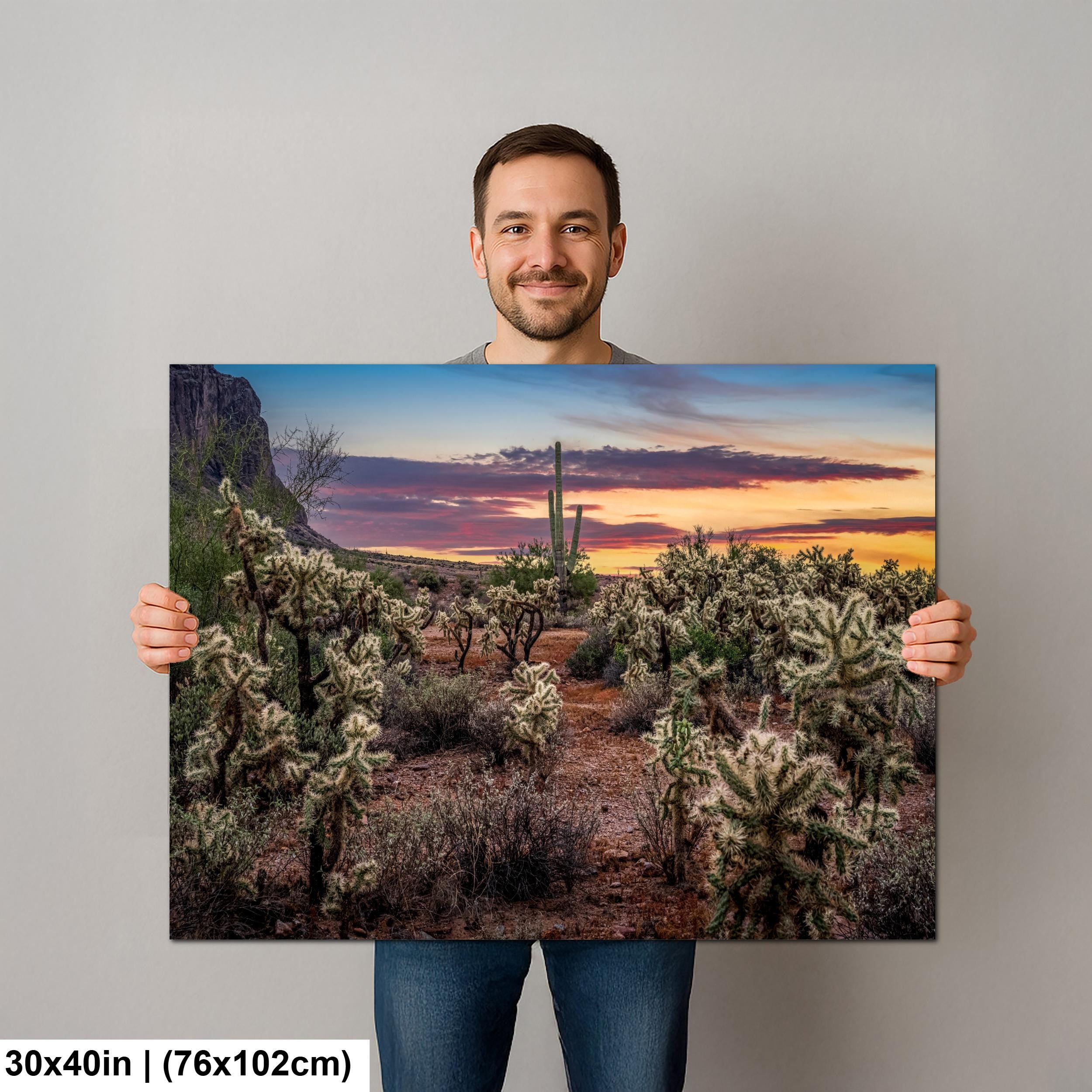 Desert Sunset Photograph, Cholla Cactus and Saguaros, Arizona Landscape Wall Art