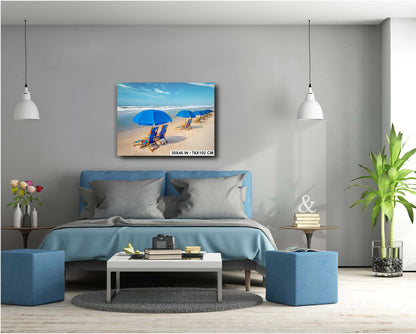 Seaside Escapade:  Blue Umbrella Beach Florida Seascape Photography Metal Canvas Wall Art Print