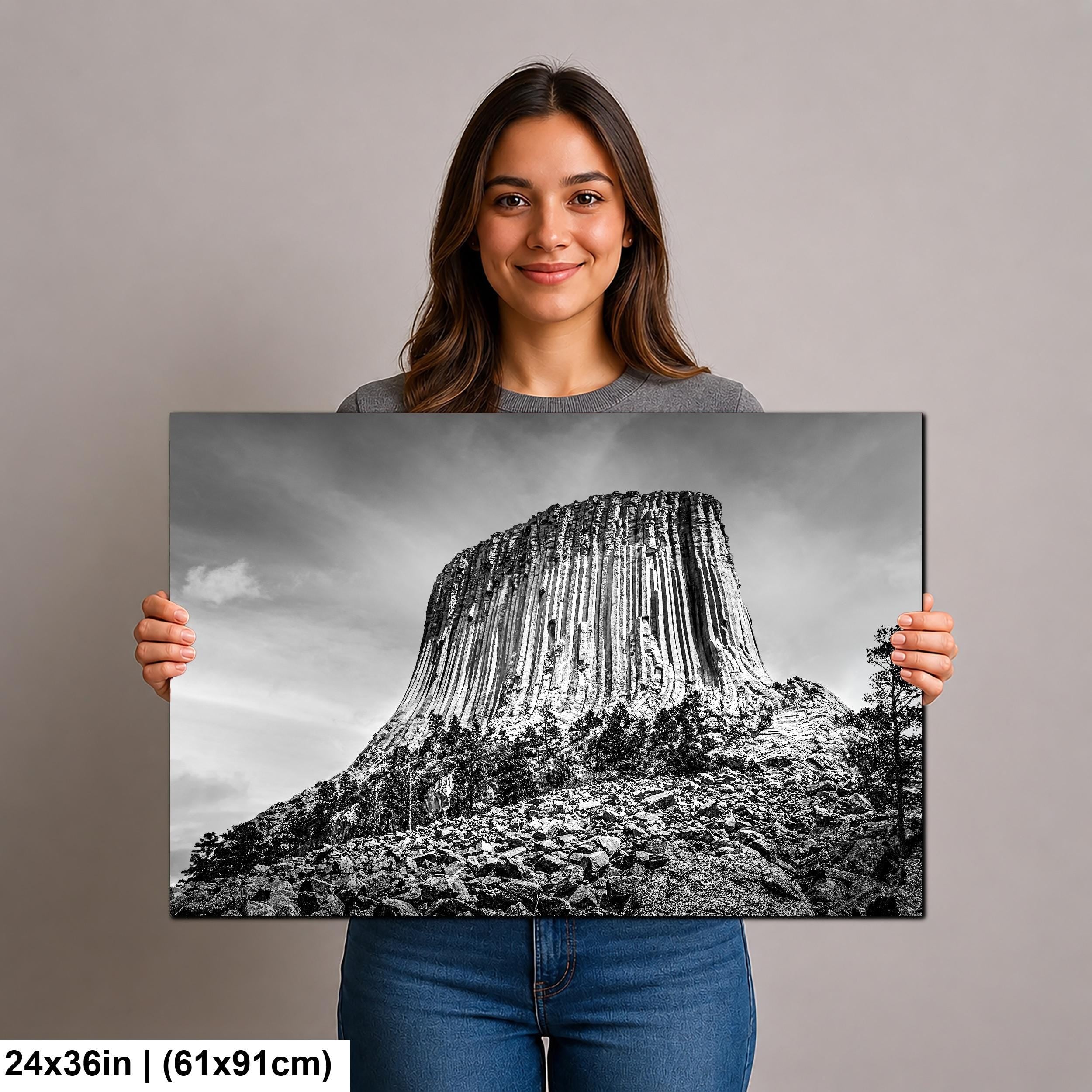 Basalt Monolith: Devils Tower Wyoming Black and White Photography Wall Art