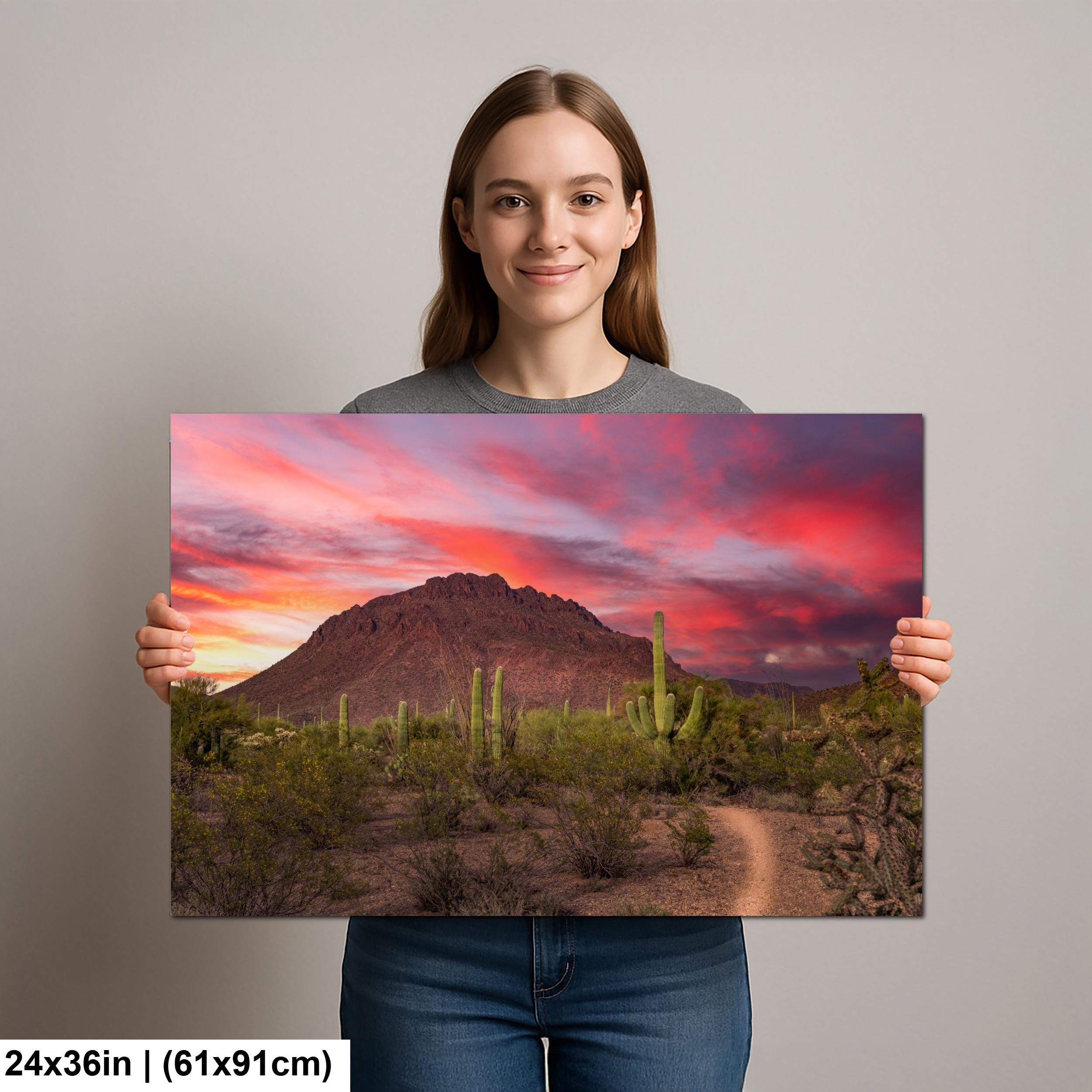Fiery Desert Sunset with Saguaros, Tucson Arizona Photography Print, Southwest Wall Art, Dramatic Sky Decor