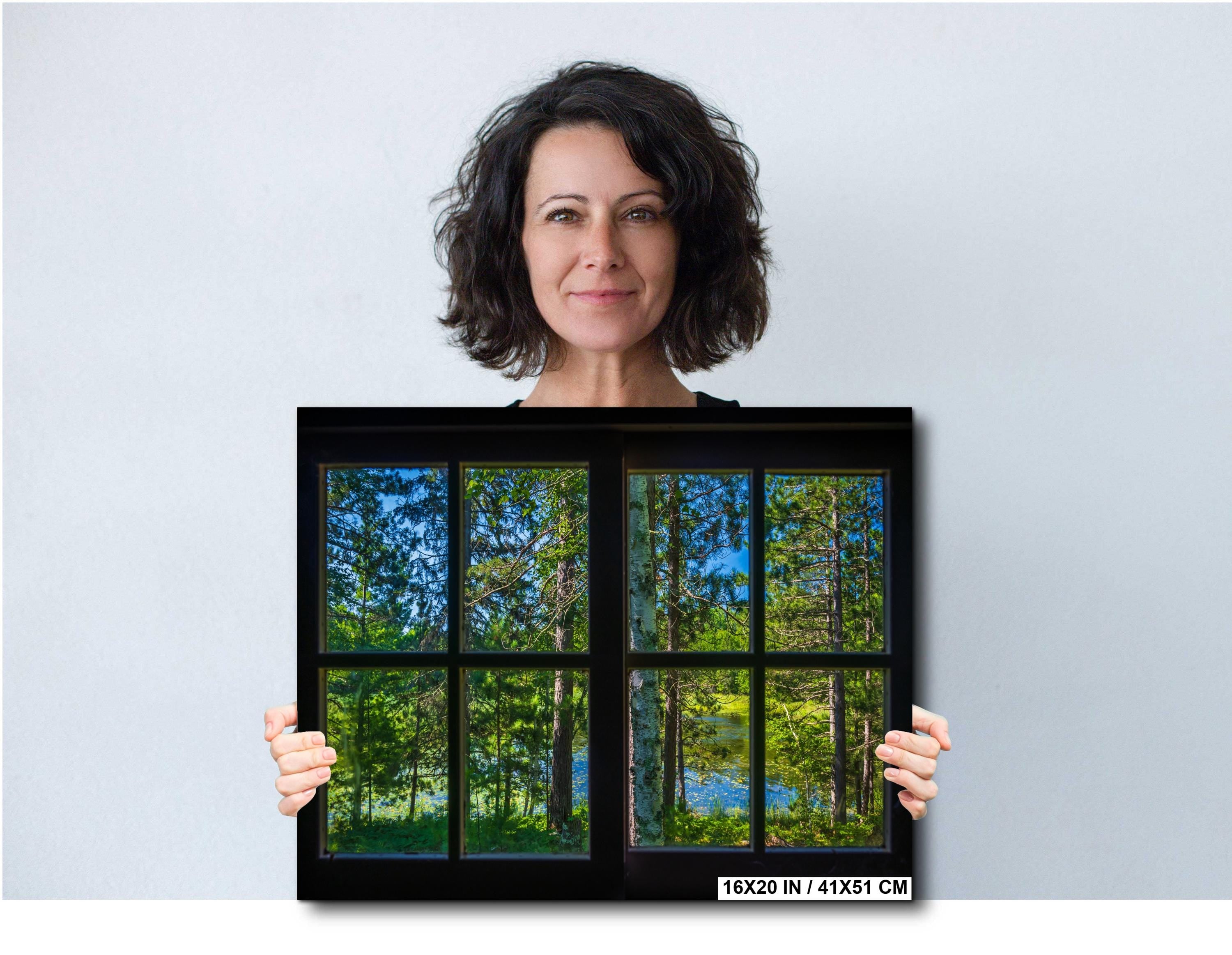 Woman holding a framed picture of a forest