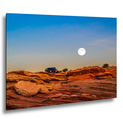 Moonrise Over Red Slickrock with Jeep, Page Arizona Photography Print