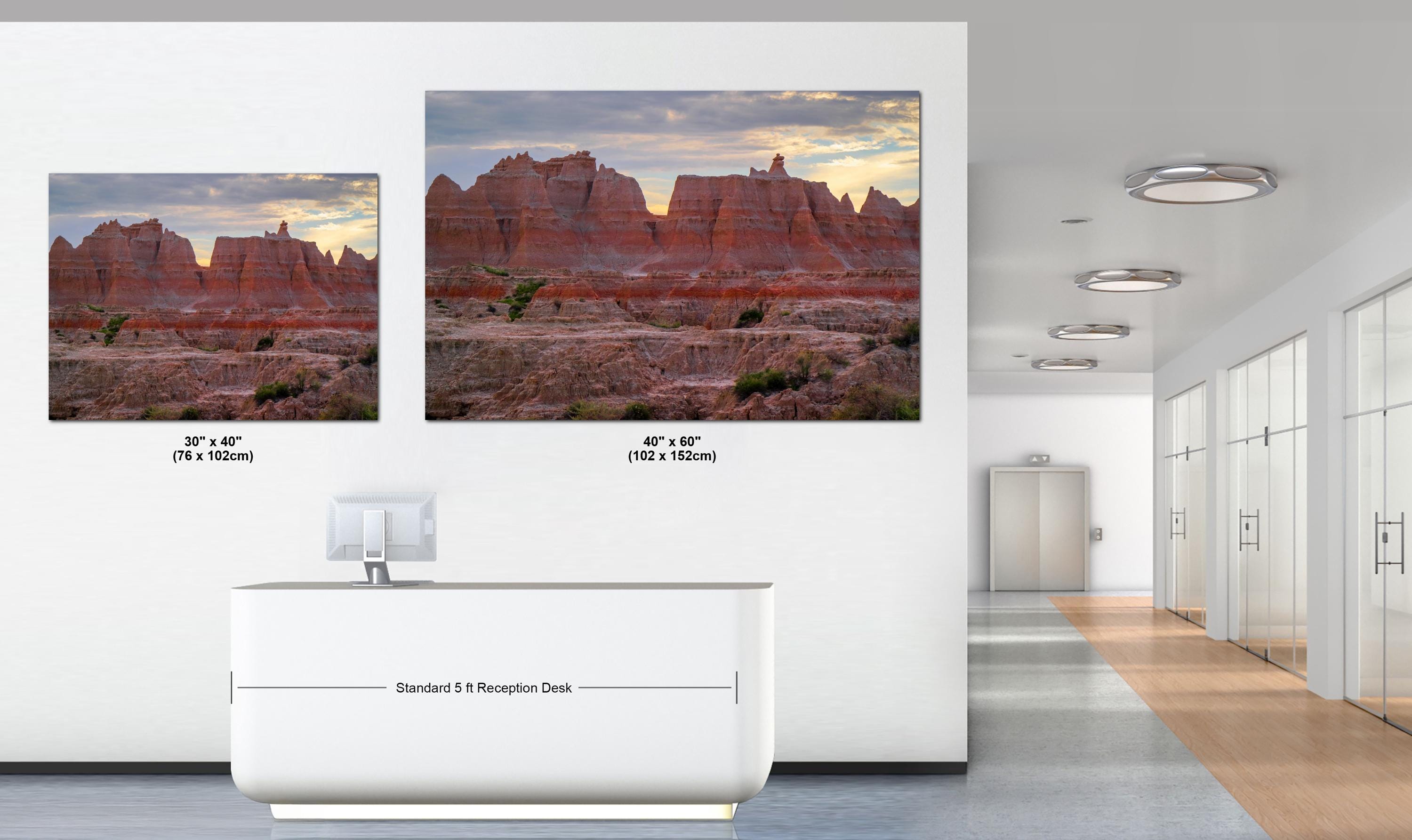 Two large wall-mounted screens displaying a desert landscape in an office setting.