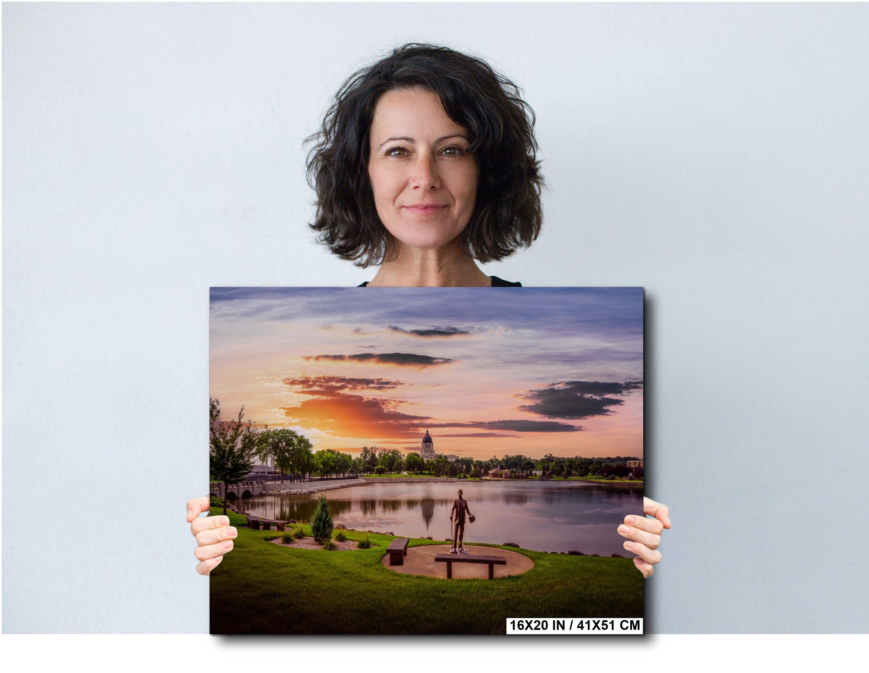 Capitol Lake Sunset: Pierre SD Bronze Statue Photography Wall Art