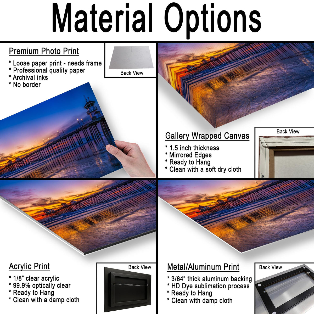 Pier at Dusk: Huntington Beach California Ocean Sunset Photography Wall Art