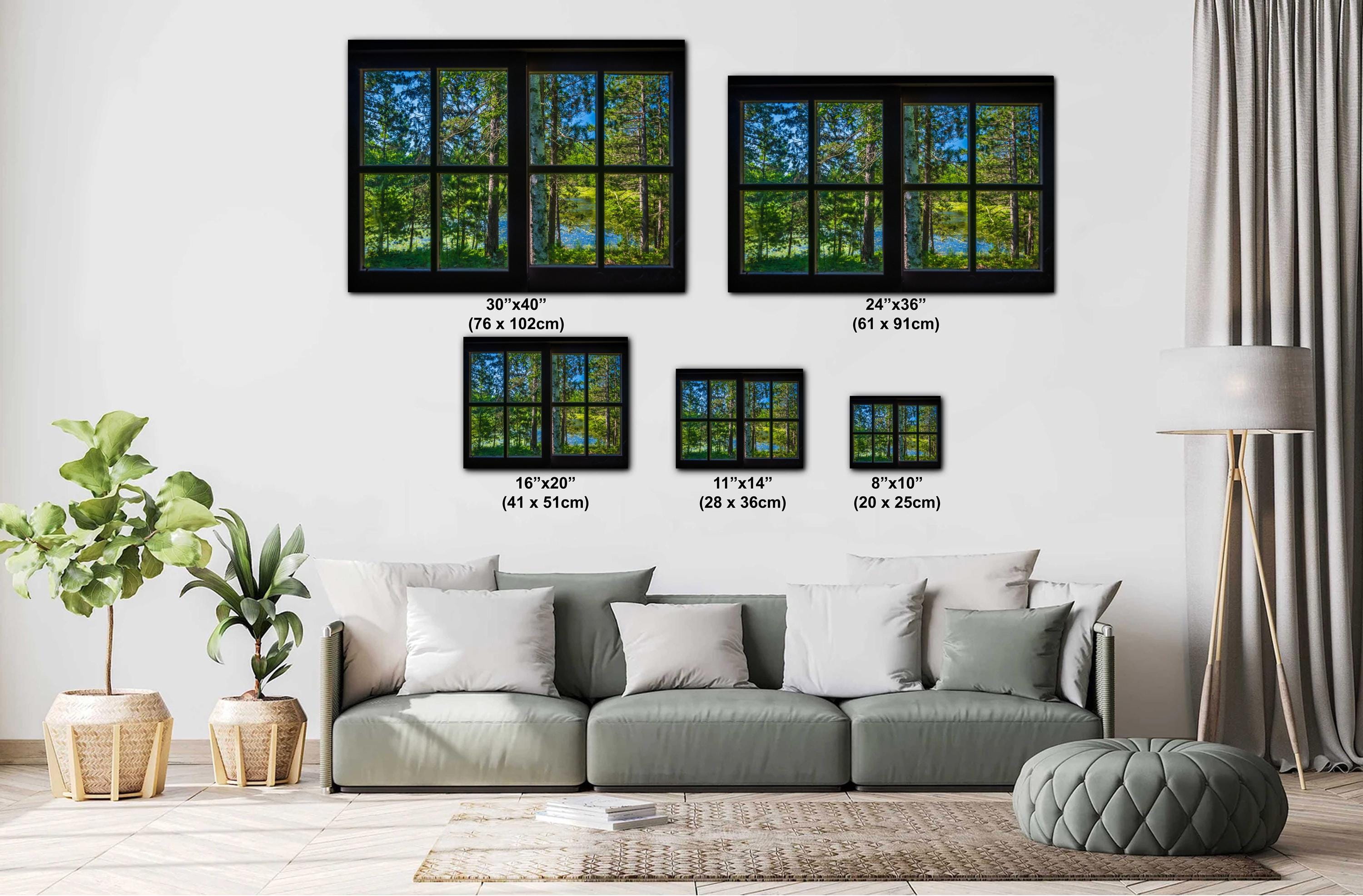 Framed nature prints on a wall above a sofa with measurements displayed.