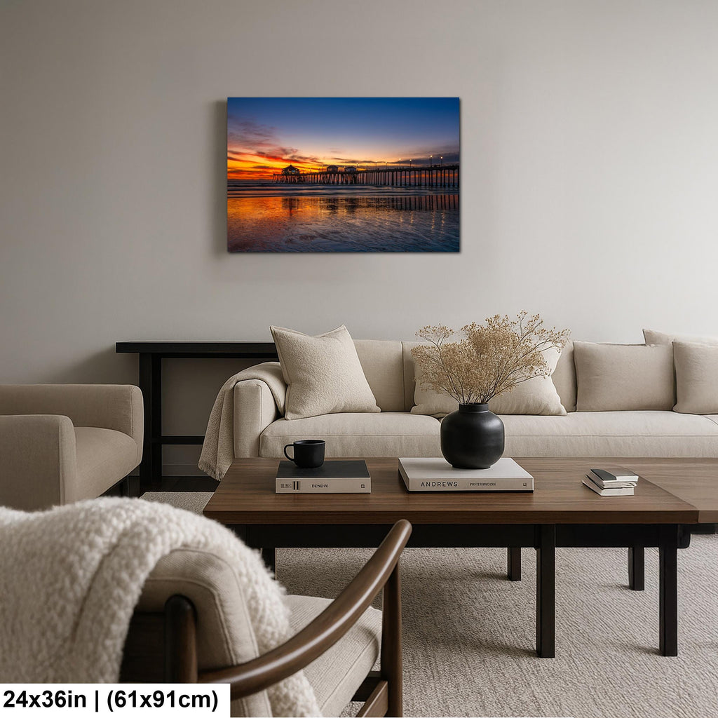 Huntington Beach Pier Sunset, California Coast Ocean Photography Print, Coastal Wall Art, Orange Sky Reflection, Beach Home Decor