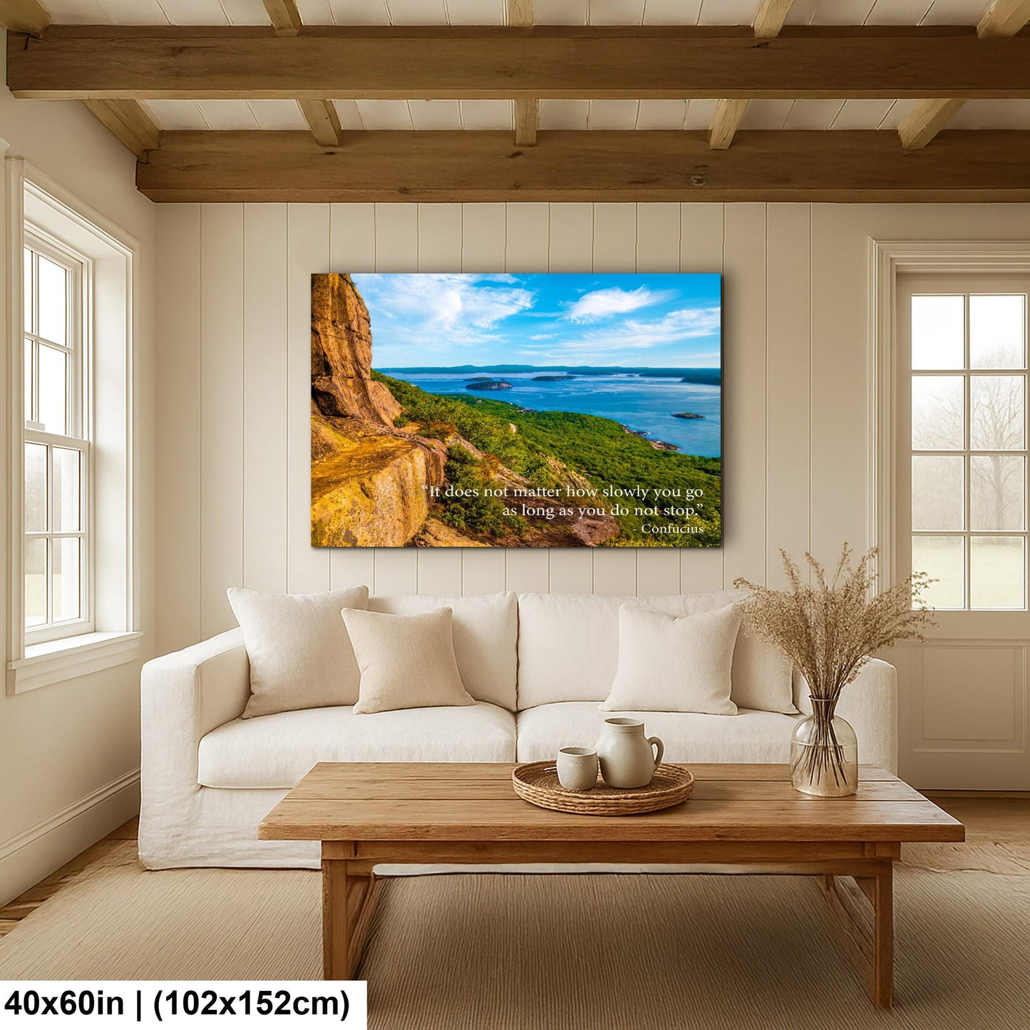 Confucius Motivational Wall Art for Perseverance and Progress, Coastal Mountain Photography Print for Home or Office Decor