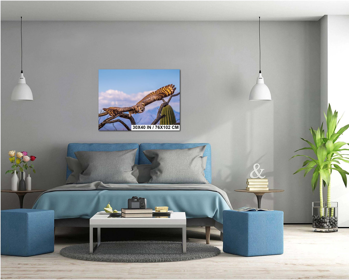 Great Horned Owl Arizona Desert Landscape Saguaro Cactus Wildlife Bird Photography Print Canvas Metal Acrylic Wall Art