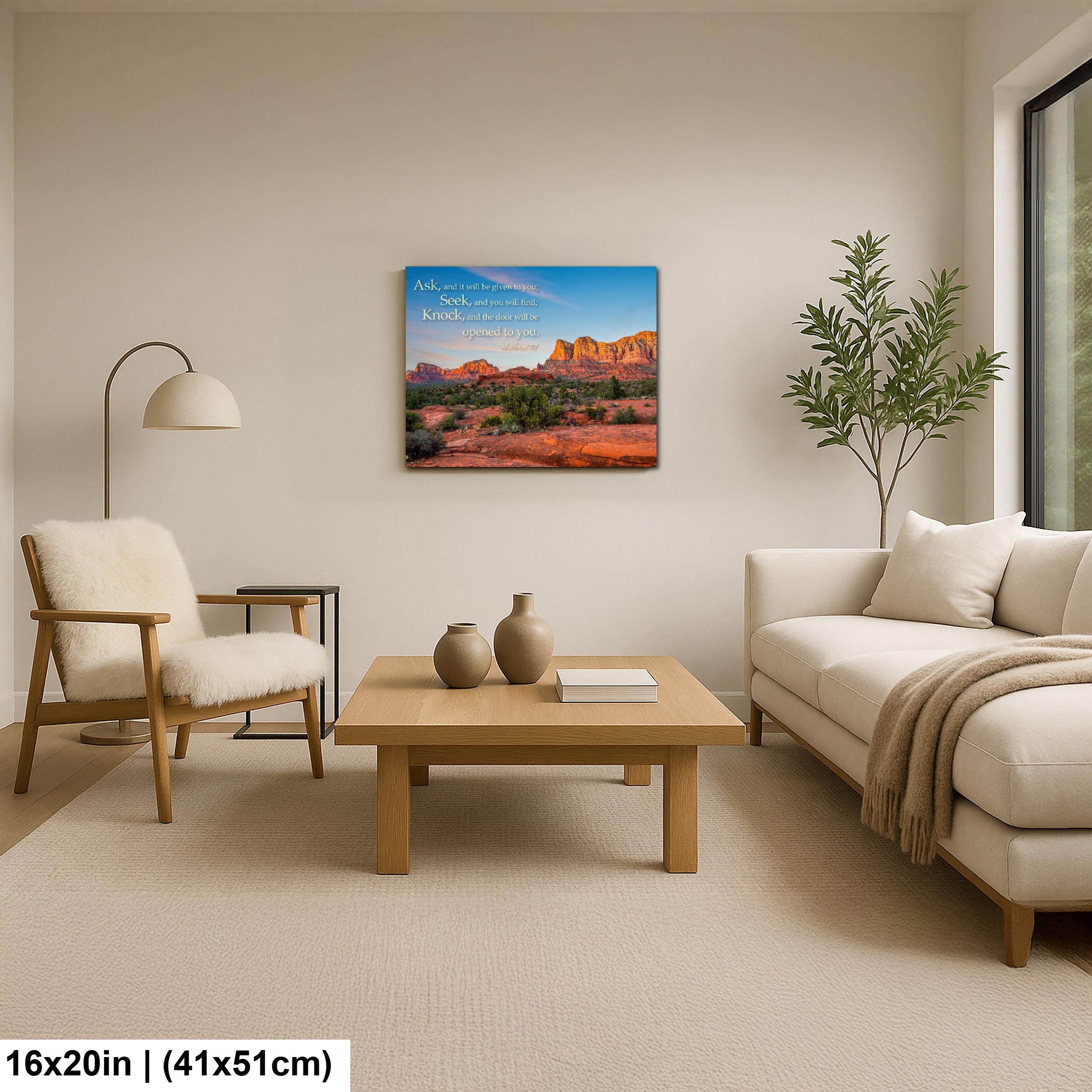 Matthew 7:7 Inspirational Bible Verse Wall Art for Faith and Perseverance, Sedona Red Rock Landscape Photography Wall Art