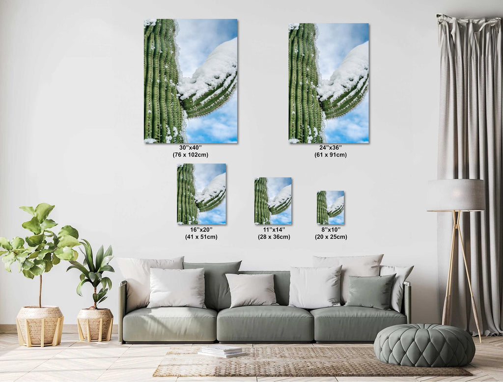 Snowy Saguaro Cactus Print: Arizona Desert Winter Wall Art
