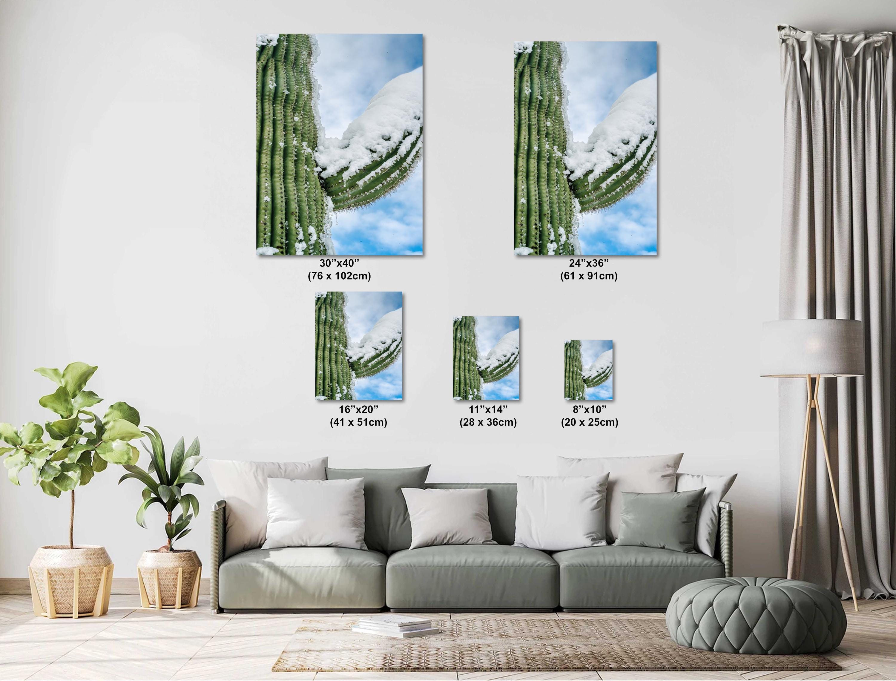 Snowy Saguaro Cactus Print: Arizona Desert Winter Wall Art