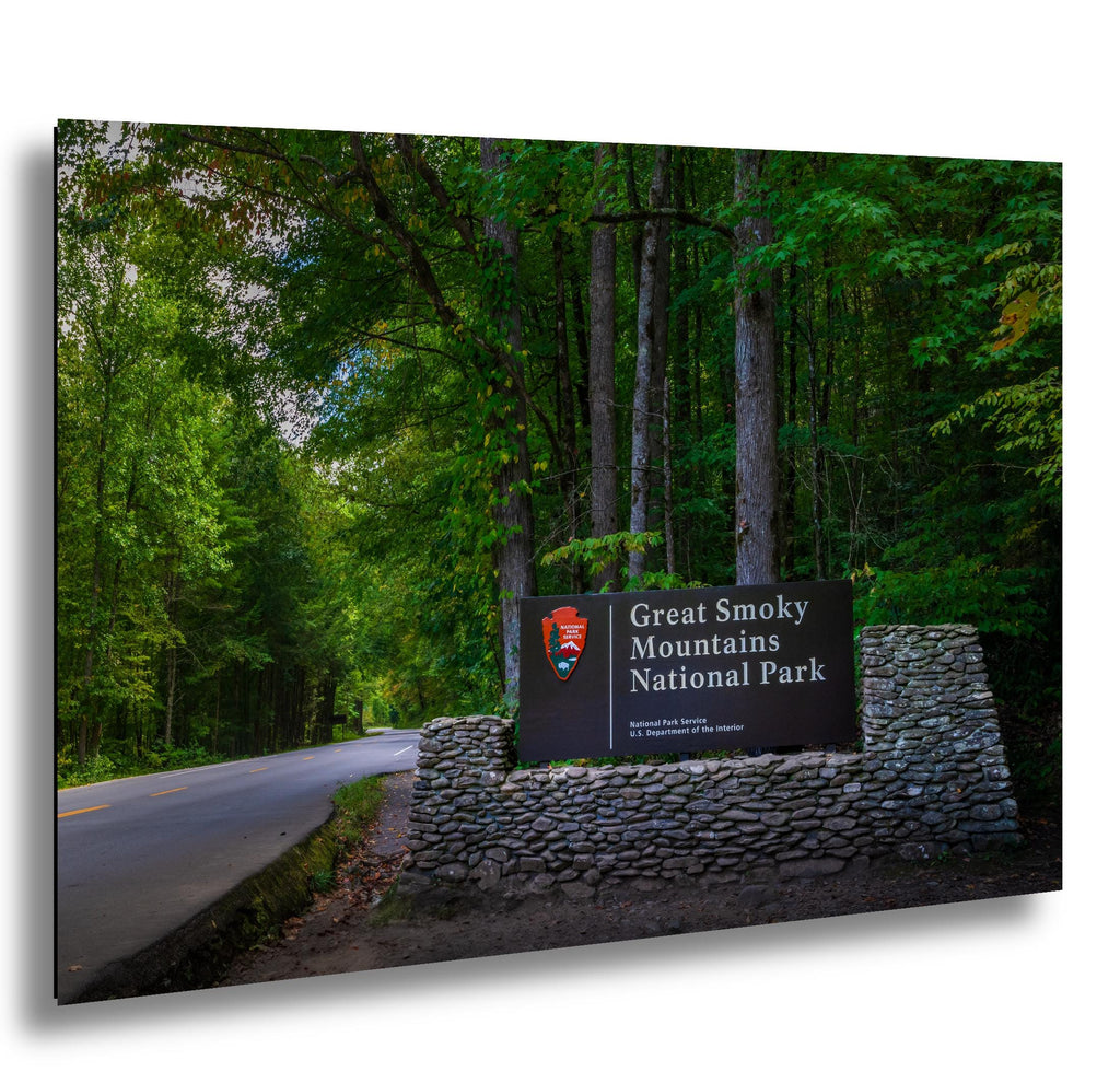 Great Smoky Mountains National Park sign in a forest setting
