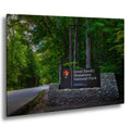 Great Smoky Mountains National Park sign in a forest setting