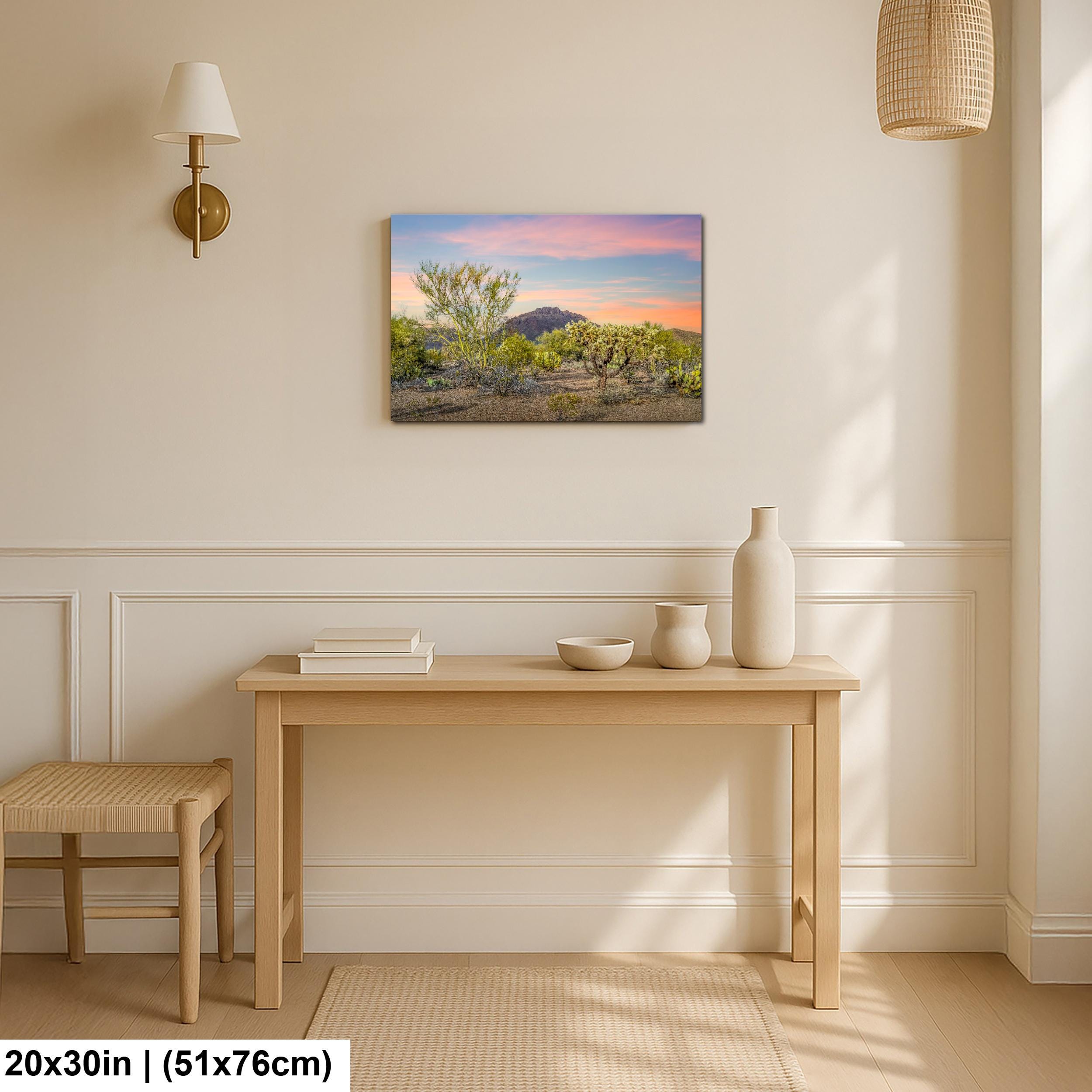 Cholla Cactus Sunset with Mountain View, Tucson Arizona Photography Print