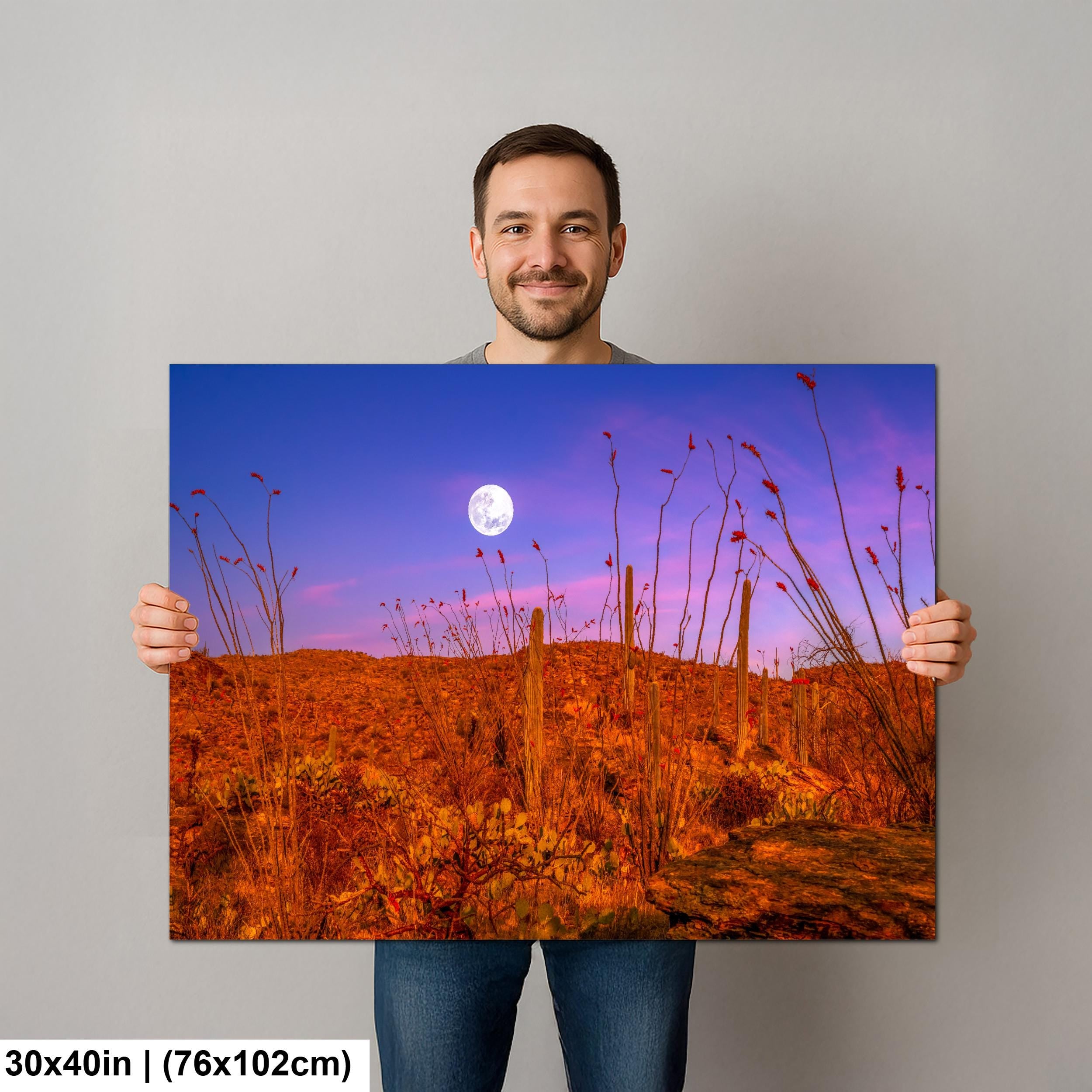 Sonoran Desert Full Moon Print – Saguaros, Ocotillo, Twilight Sky Photography Wall Art