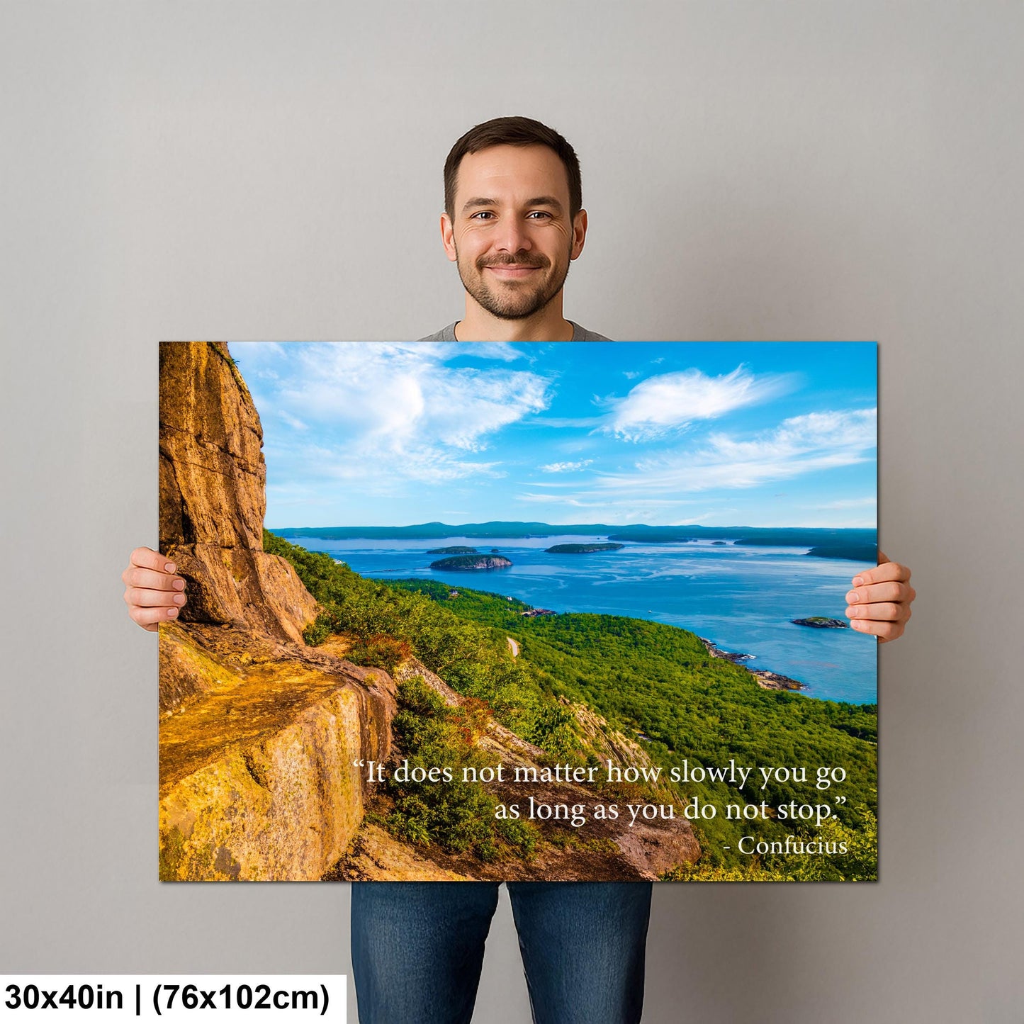 Confucius Motivational Wall Art for Perseverance and Progress, Coastal Mountain Photography Print for Home or Office Decor