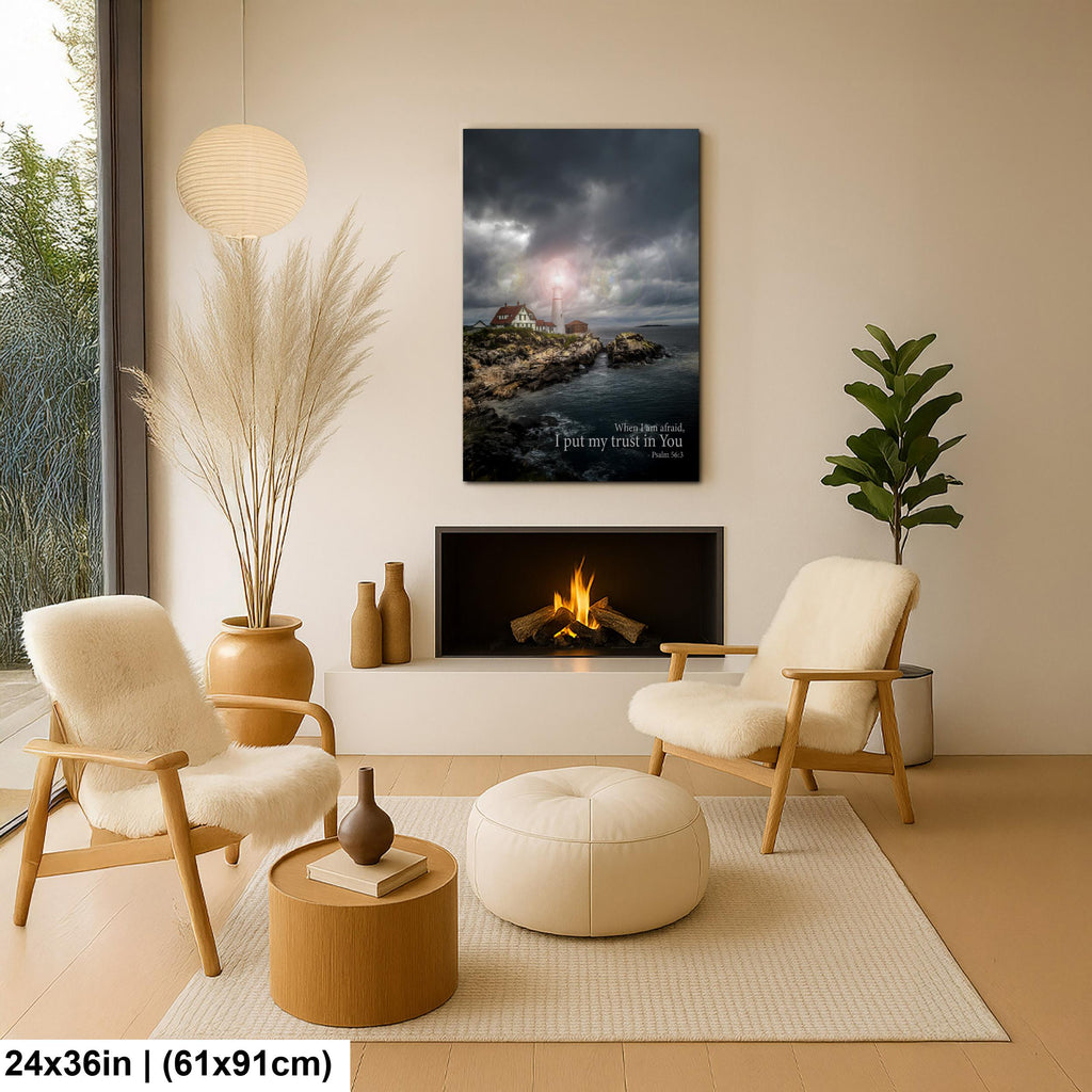Psalm 56:3 Lighthouse Wall Art – Inspirational Coastal Print with Cape Elizabeth Lighthouse