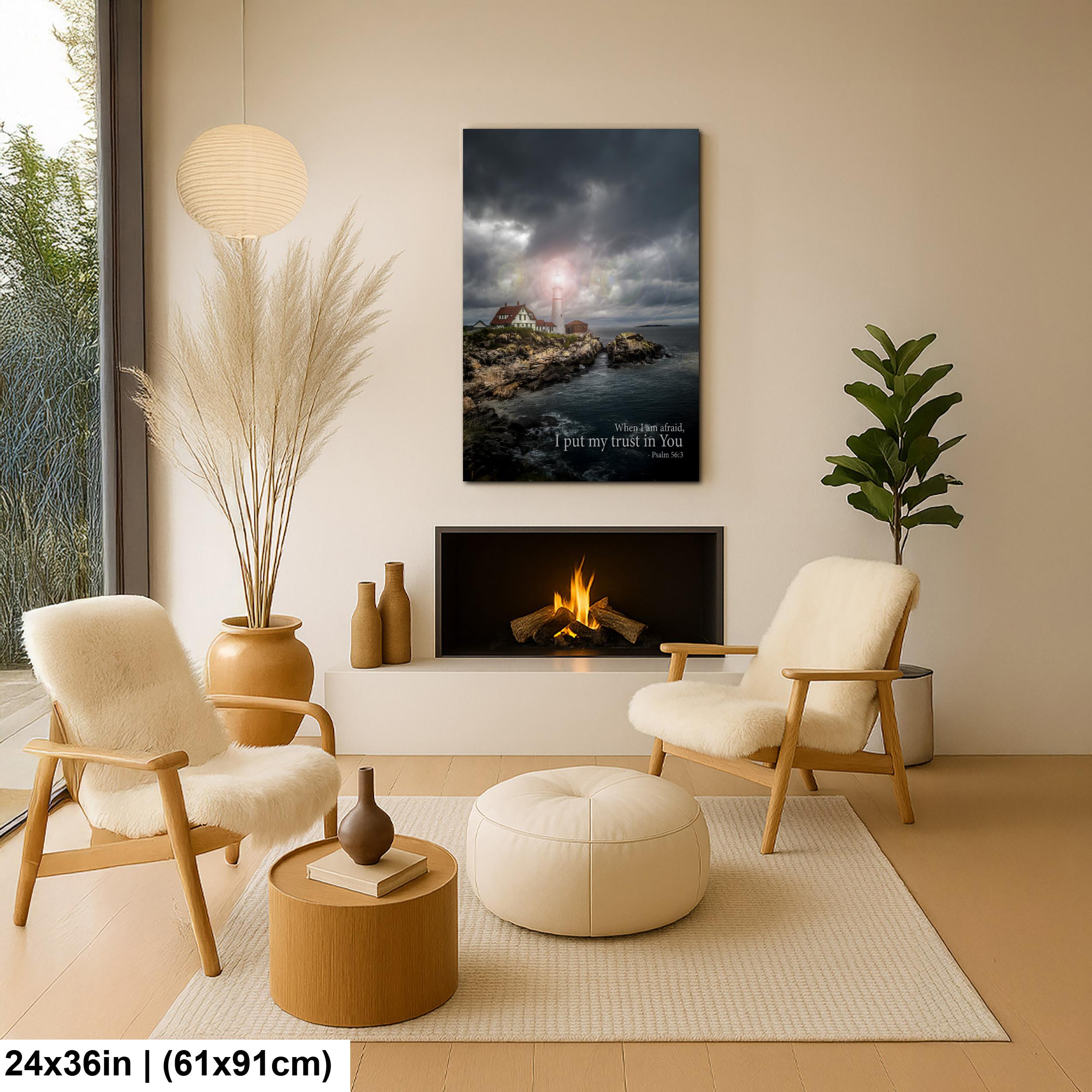 Psalm 56:3 Lighthouse Wall Art – Inspirational Coastal Print with Cape Elizabeth Lighthouse