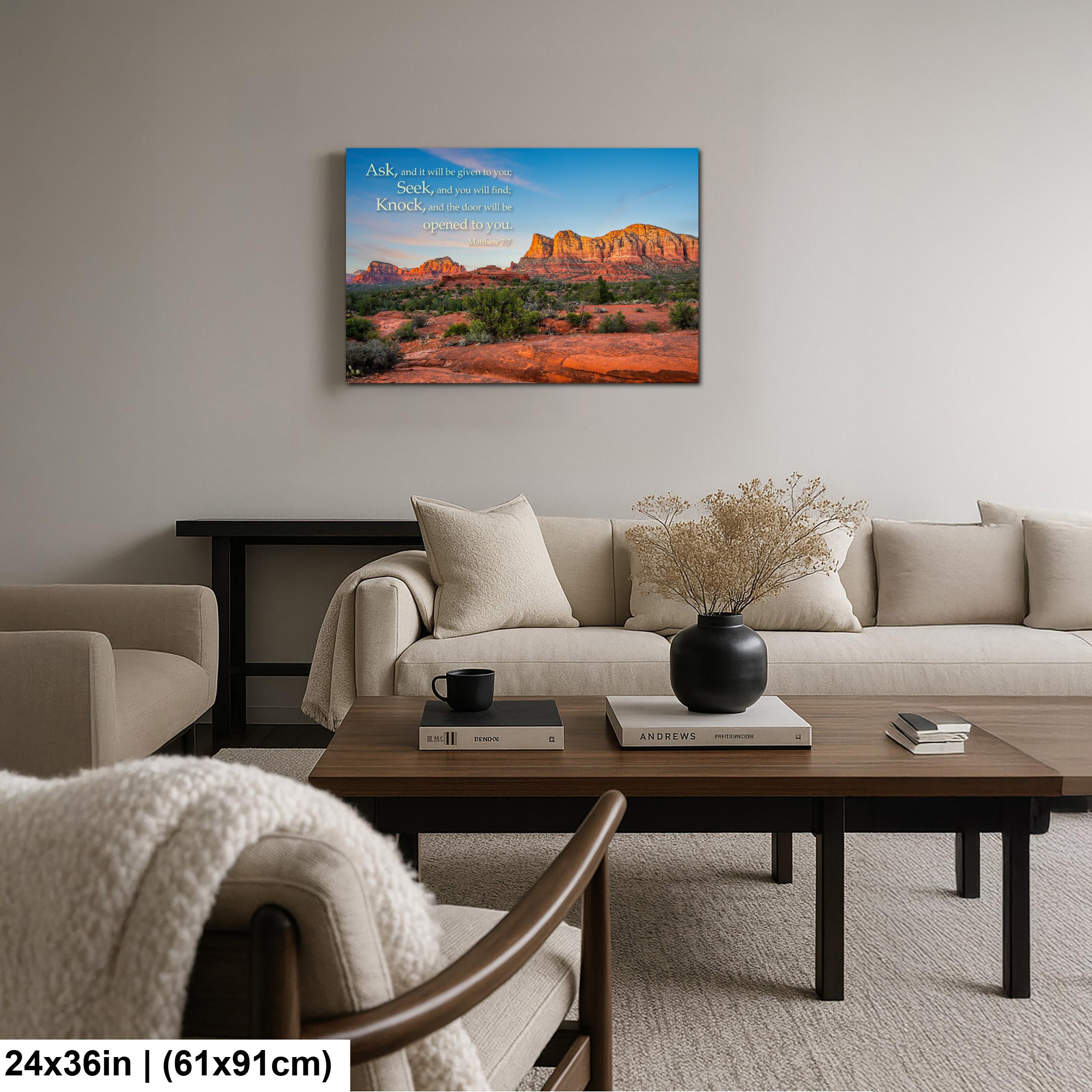 Matthew 7:7 Inspirational Bible Verse Wall Art for Faith and Perseverance, Sedona Red Rock Landscape Photography Wall Art