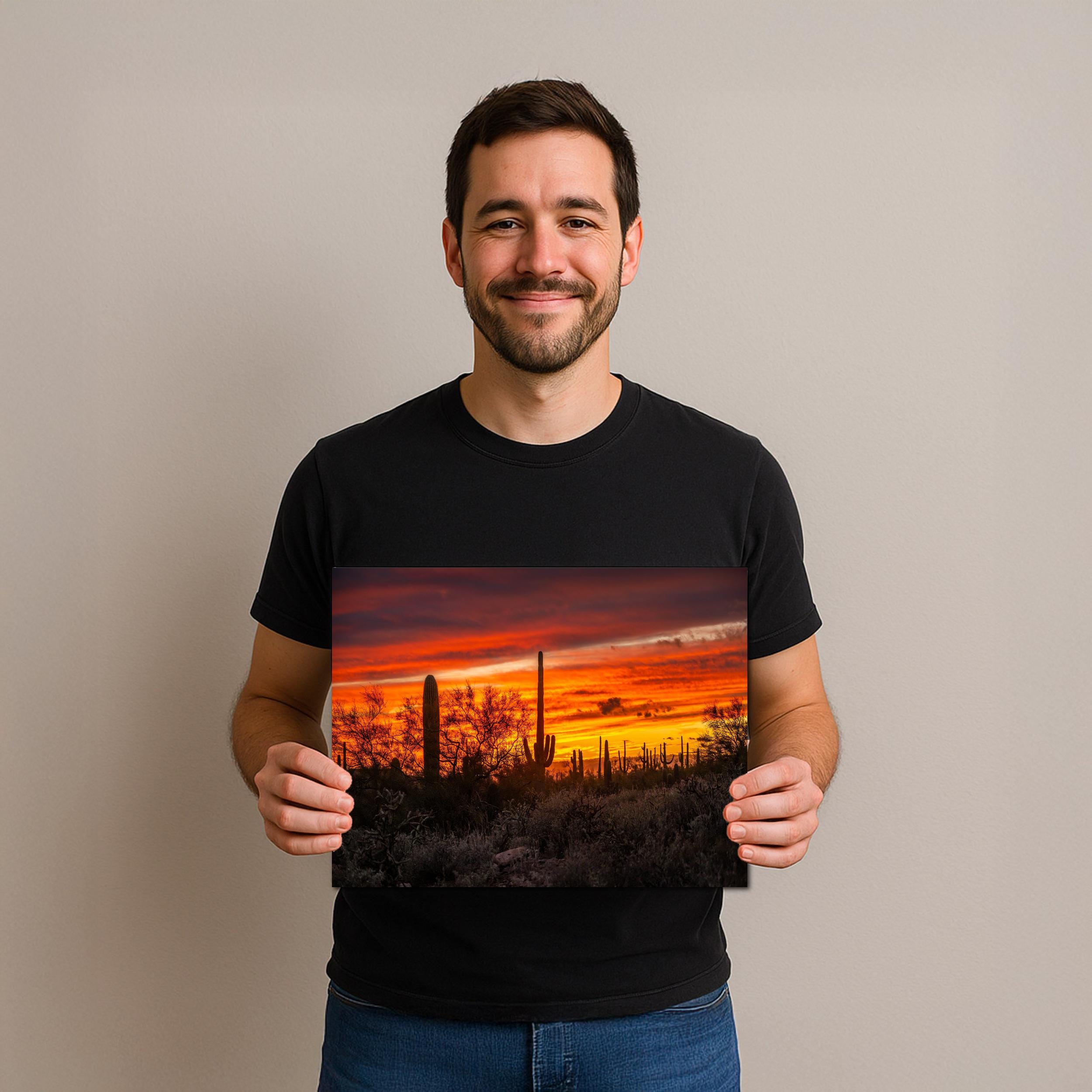Gold Canyon Sunset Silhouettes, Hieroglyphic Trail Arizona Saguaro Cactus Desert Wall Art