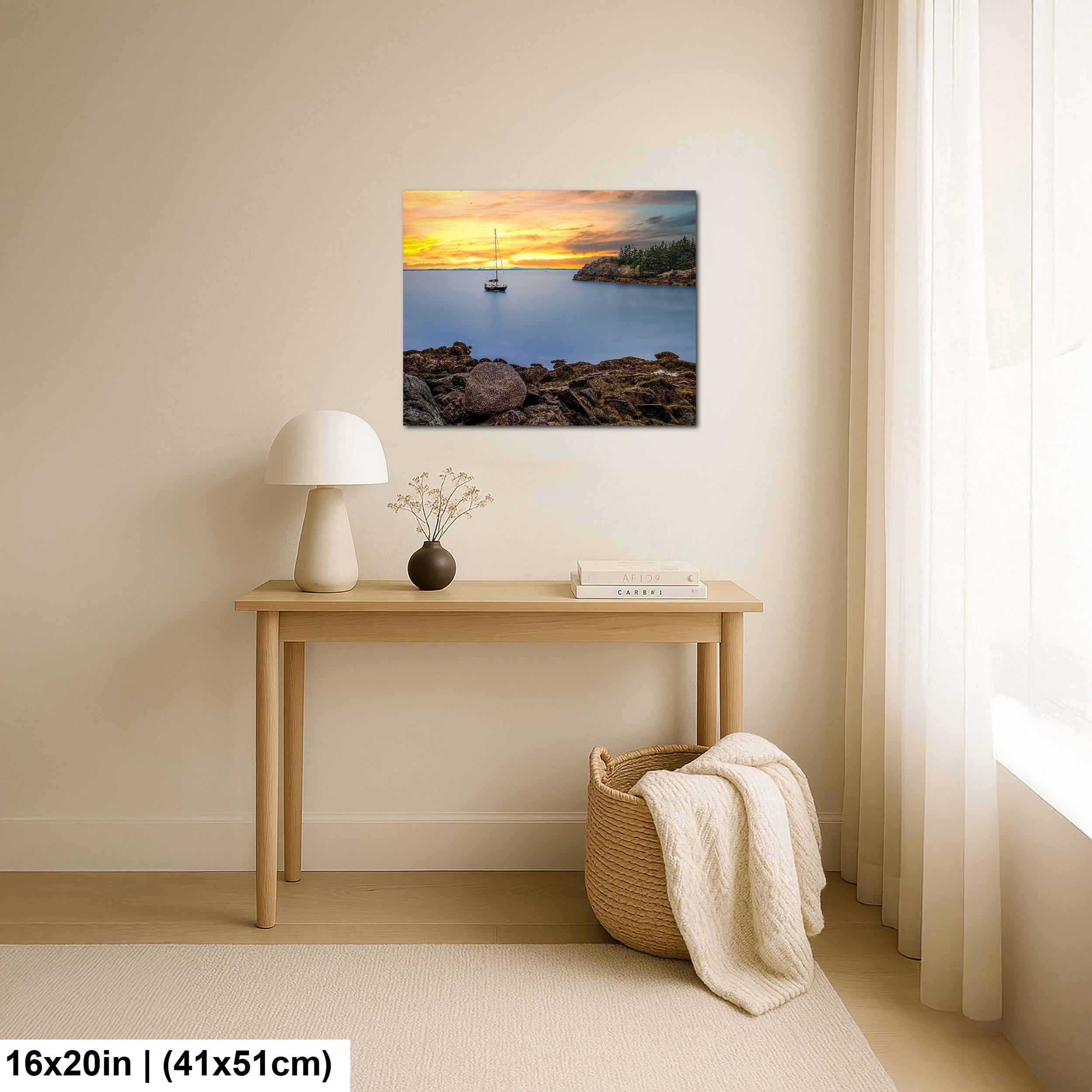 Peaceful Mooring: Sailboat Coastal Maine Harbor Sunset Photography Wall Art