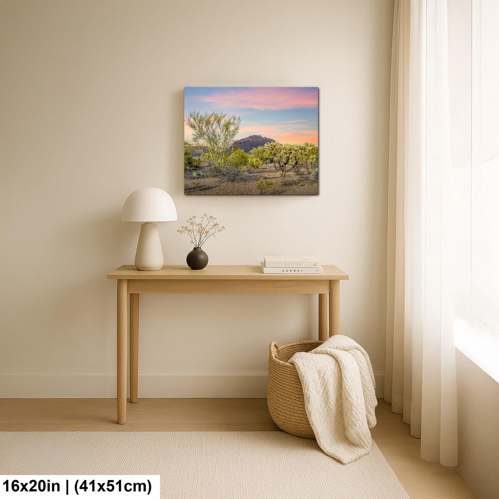 Cholla Cactus Sunset with Mountain View, Tucson Arizona Photography Print
