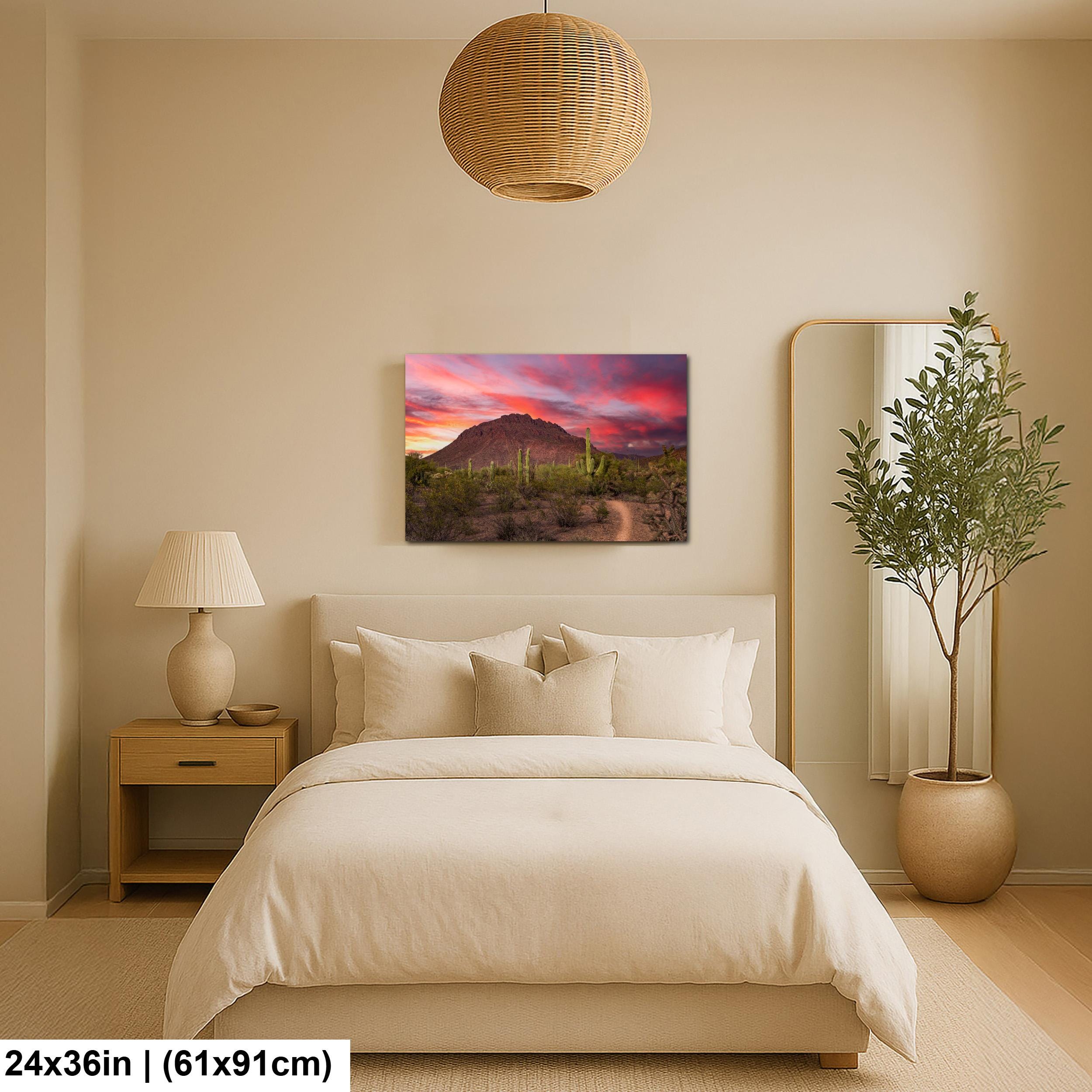 Fiery Desert Sunset with Saguaros, Tucson Arizona Photography Print, Southwest Wall Art, Dramatic Sky Decor