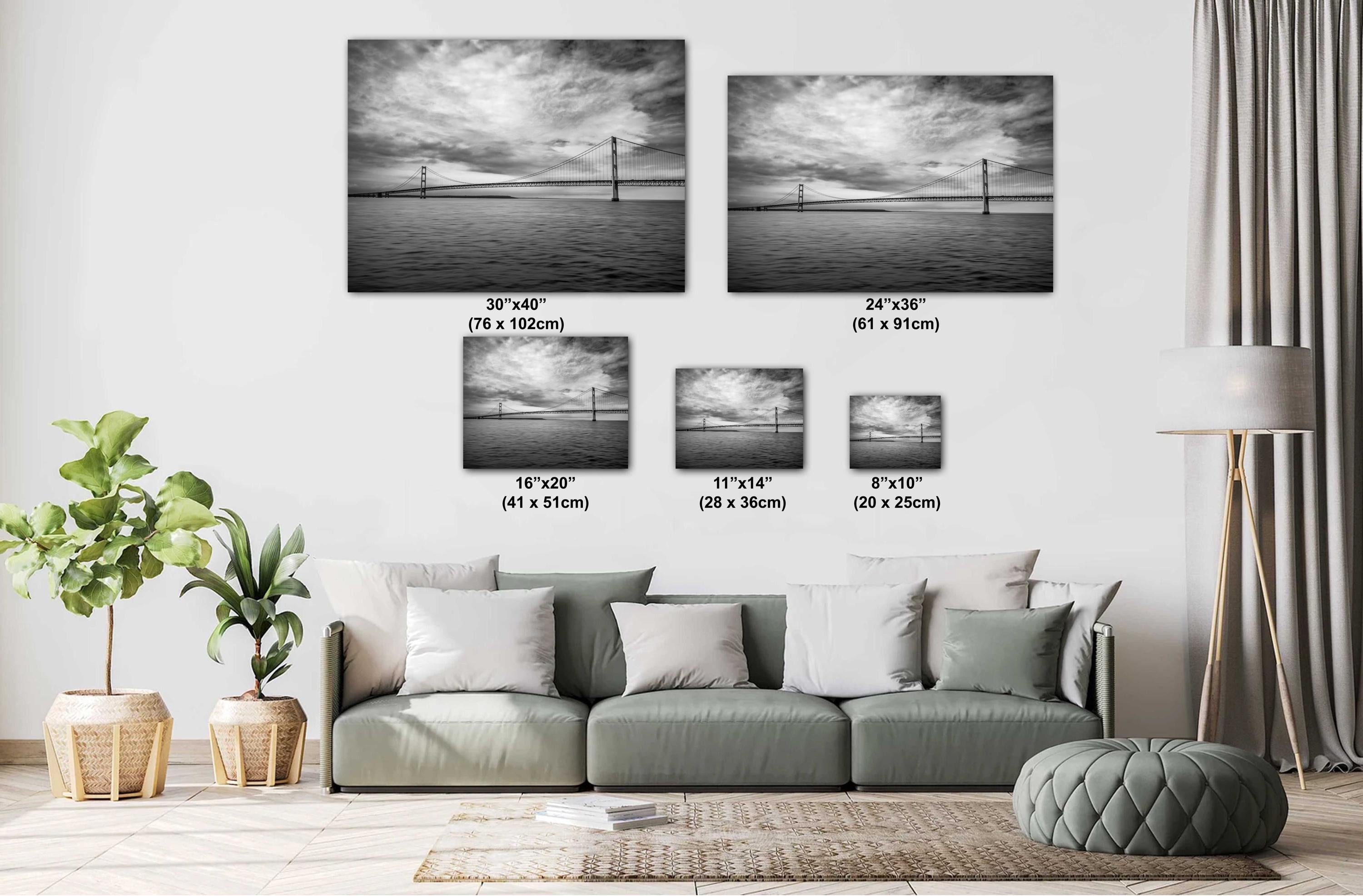 Black and white photo of the Mackinac Bridge 