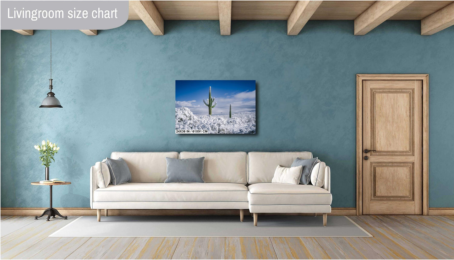 Saguaro Cactus Wall Art – Snowy Desert Scene | Southwest Art Print Decor