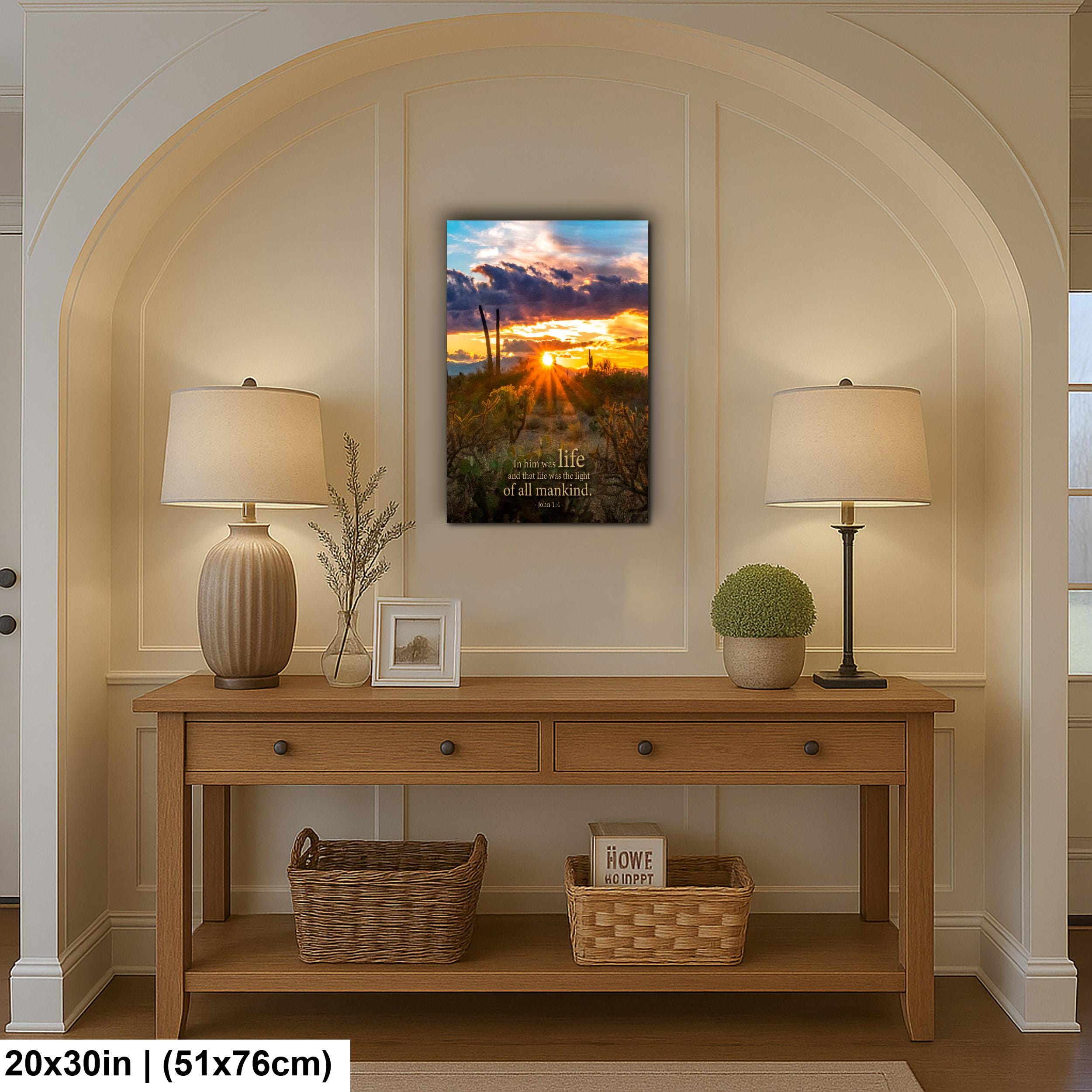 Christian Wall Art - John 1:4 Scripture Print | Arizona Desert Sunset Decor