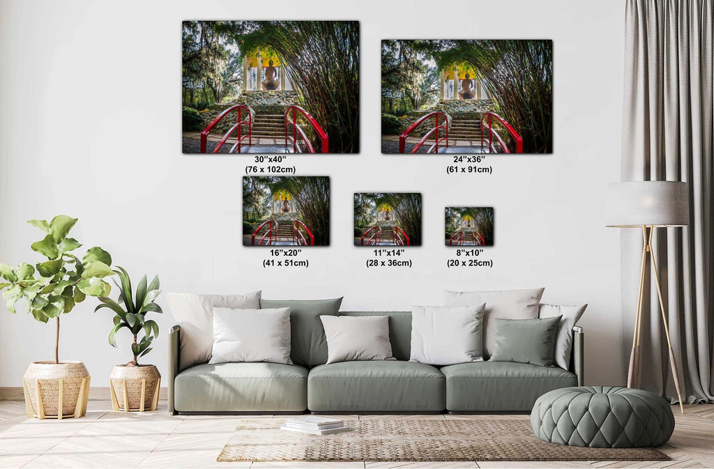 Avery Island Louisiana Buddha Garden Red Bridge Wall Art Photography Print, Jungle Gardens Shrine, Southern Landscape Aluminum/Metal/Canvas