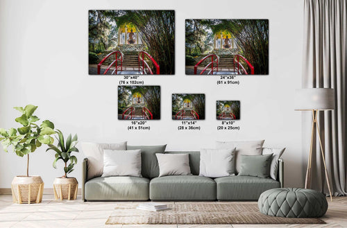 Avery Island Louisiana Buddha Garden Red Bridge Wall Art Photography Print, Jungle Gardens Shrine, Southern Landscape Aluminum/Metal/Canvas