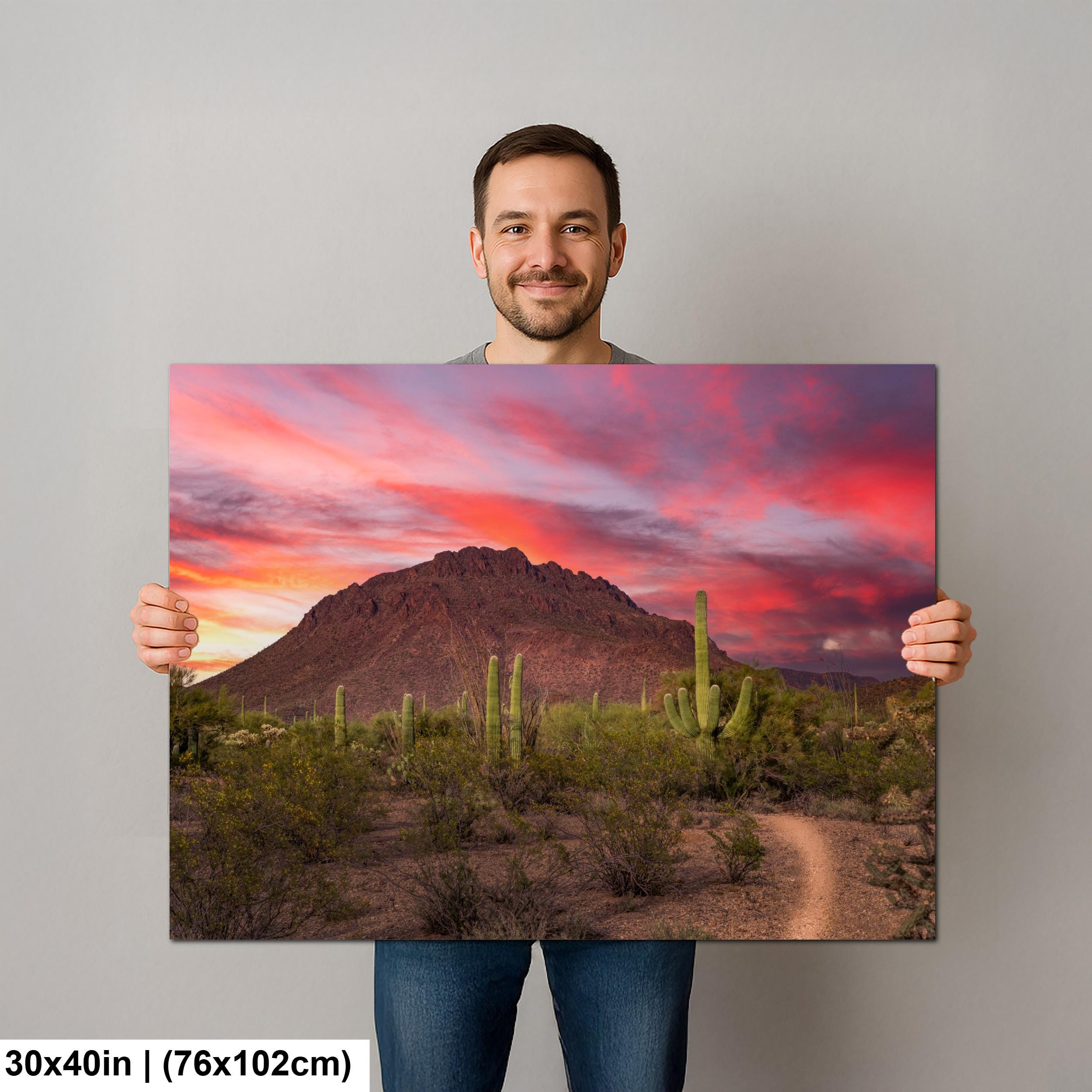 Fiery Desert Sunset with Saguaros, Tucson Arizona Photography Print, Southwest Wall Art, Dramatic Sky Decor