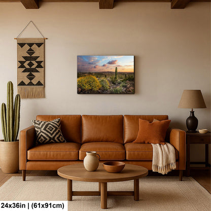 Arizona Sunset Overlook with Saguaros and Wildflowers - Casa Grande Sonoran Desert Photography Print