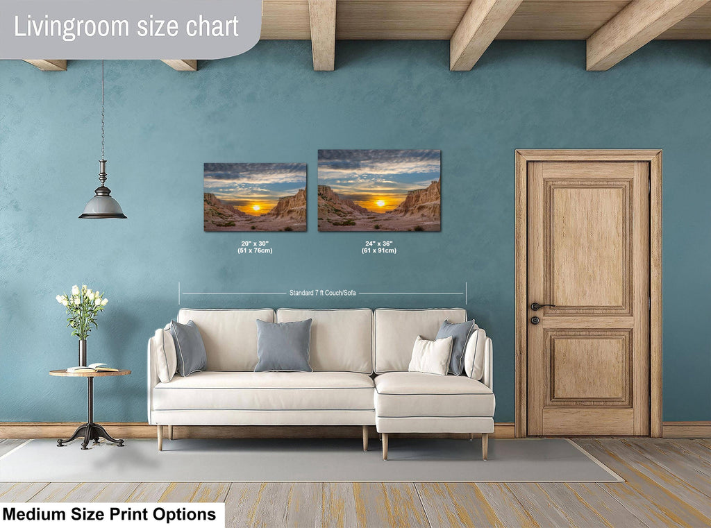 Living room with two wall art prints above a sofa, showing size chart.