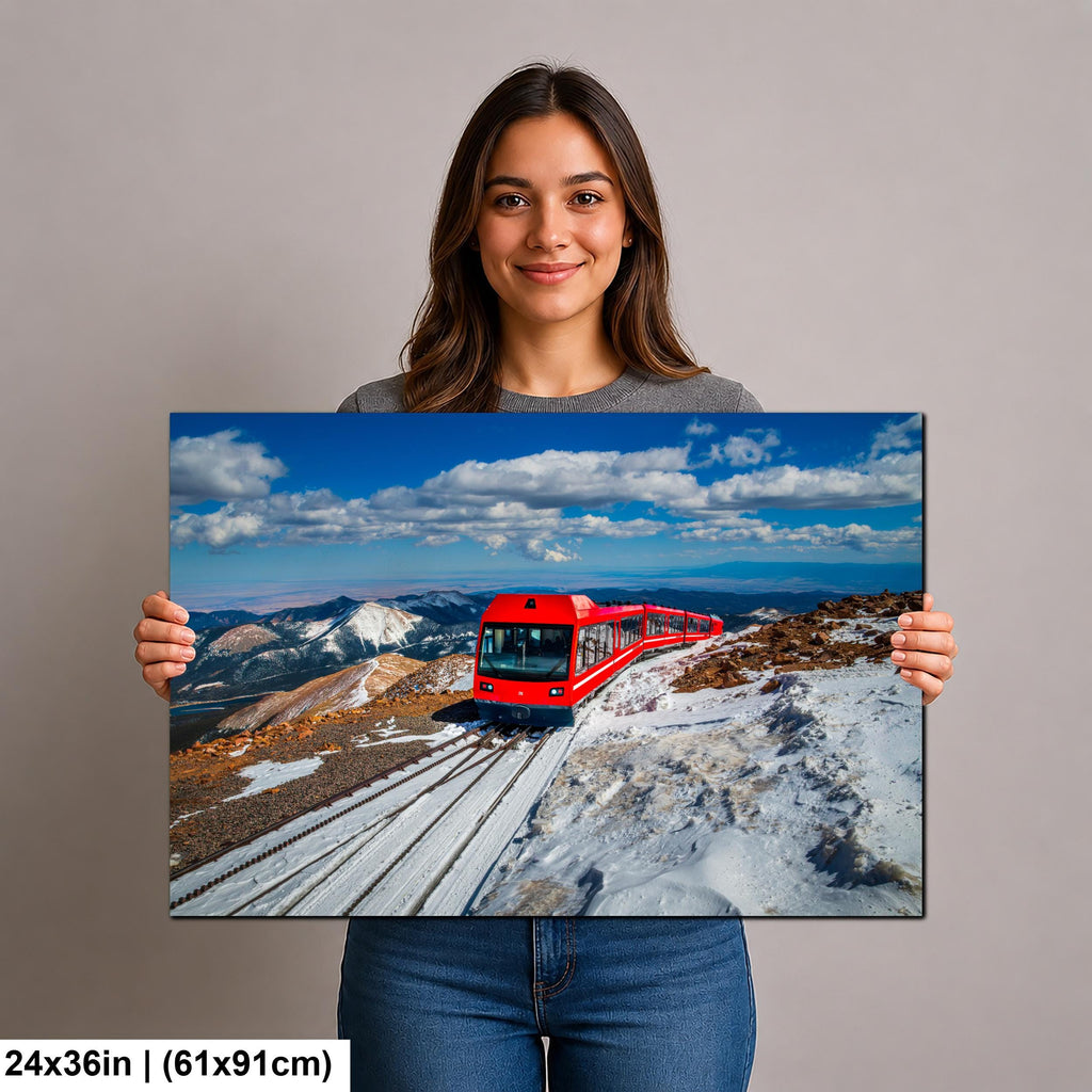 Pikes Peak Cog Railway Photography Print, Colorado Springs Mountain Train, Red Railway Winter Landscape Wall Art Decor