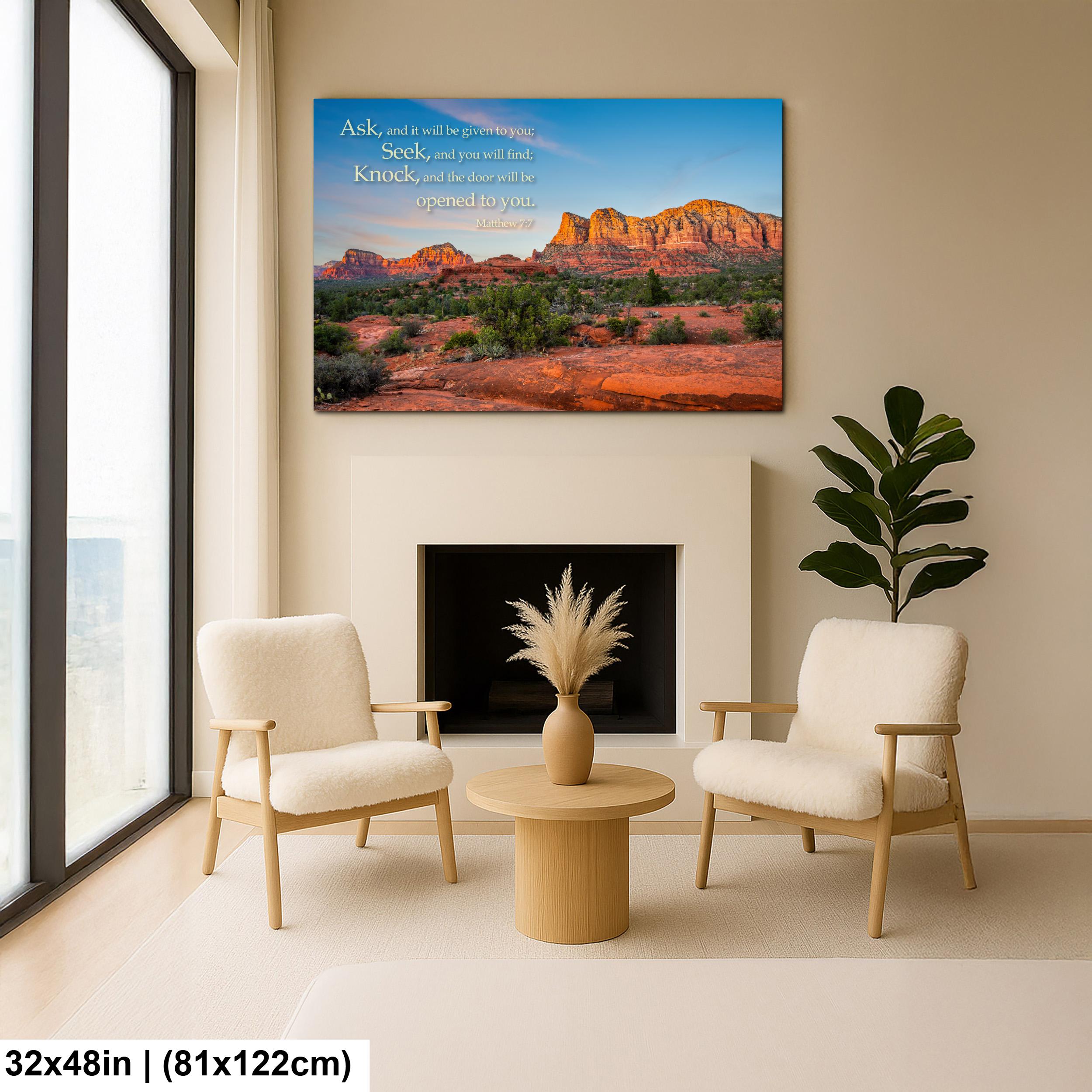 Matthew 7:7 Inspirational Bible Verse Wall Art for Faith and Perseverance, Sedona Red Rock Landscape Photography Wall Art