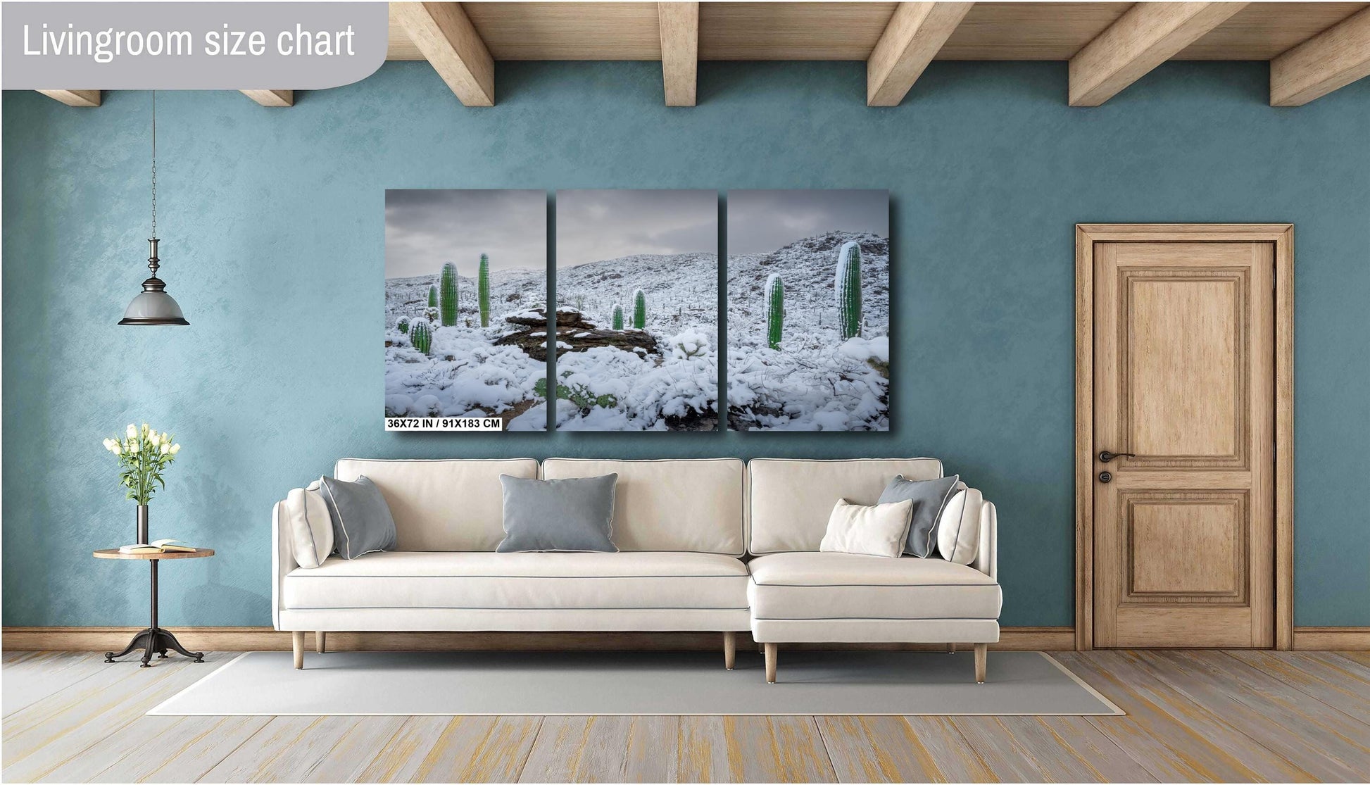 Snow-covered saguaro cacti in Arizona's desert, showcasing a rare winter scene with mountains in the background.