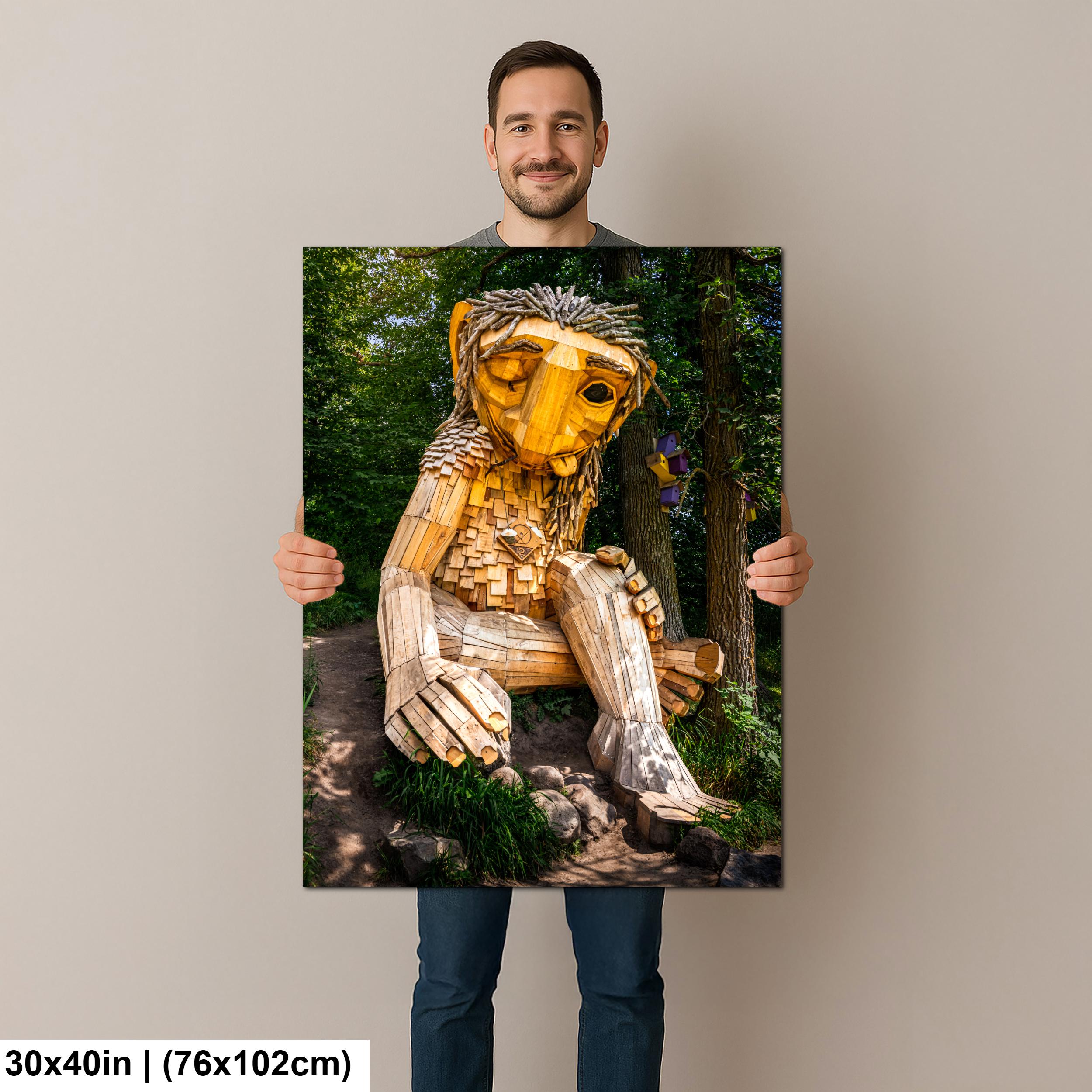 Whimsical Wooden Troll Sculpture in Detroit Lakes Minnesota Forest Print, Scandinavian Folk Art Photography