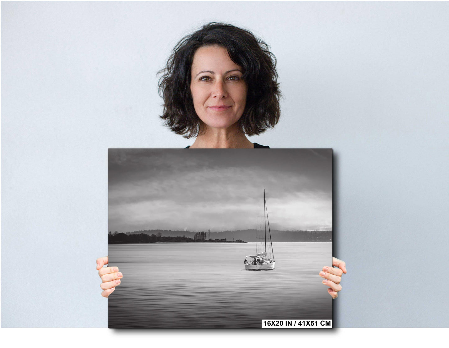 Seattle Shilshole Bay Marina Sailboat Black and White Washington Canvas Wall Art Photography Metal Print, Puget Sound Coastal Nautical Decor