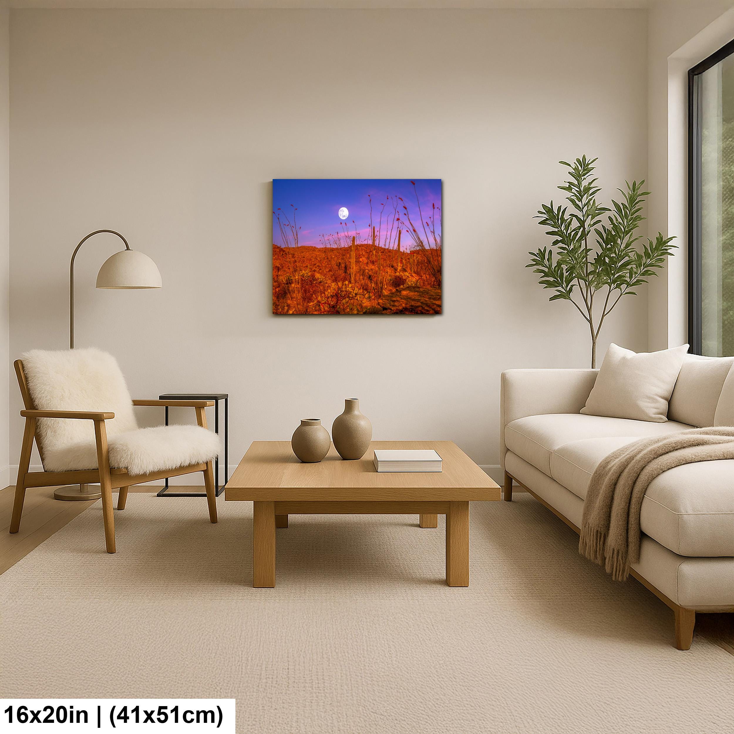 Sonoran Desert Full Moon Print – Saguaros, Ocotillo, Twilight Sky Photography Wall Art
